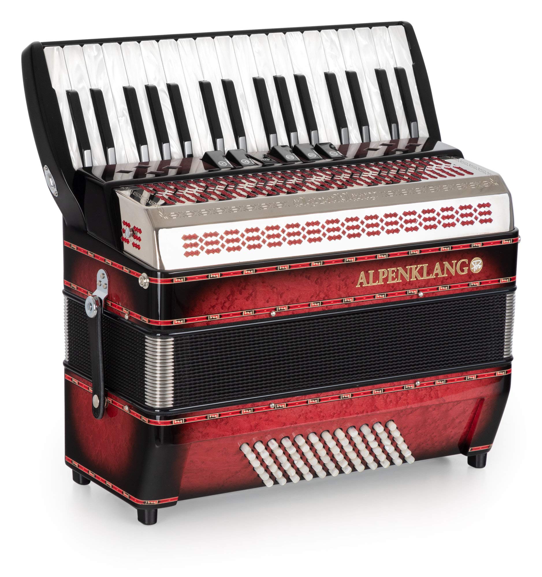 Alpenklang Pro Akkordeon III 72 M Shadow Red - 34 Diskant-Tasten- 6 Diskant-Register - 3-chörig im Diskant - 4-chöriger Standard-Bass - inkl. Musette Register - inkl. Koffer & Riemen