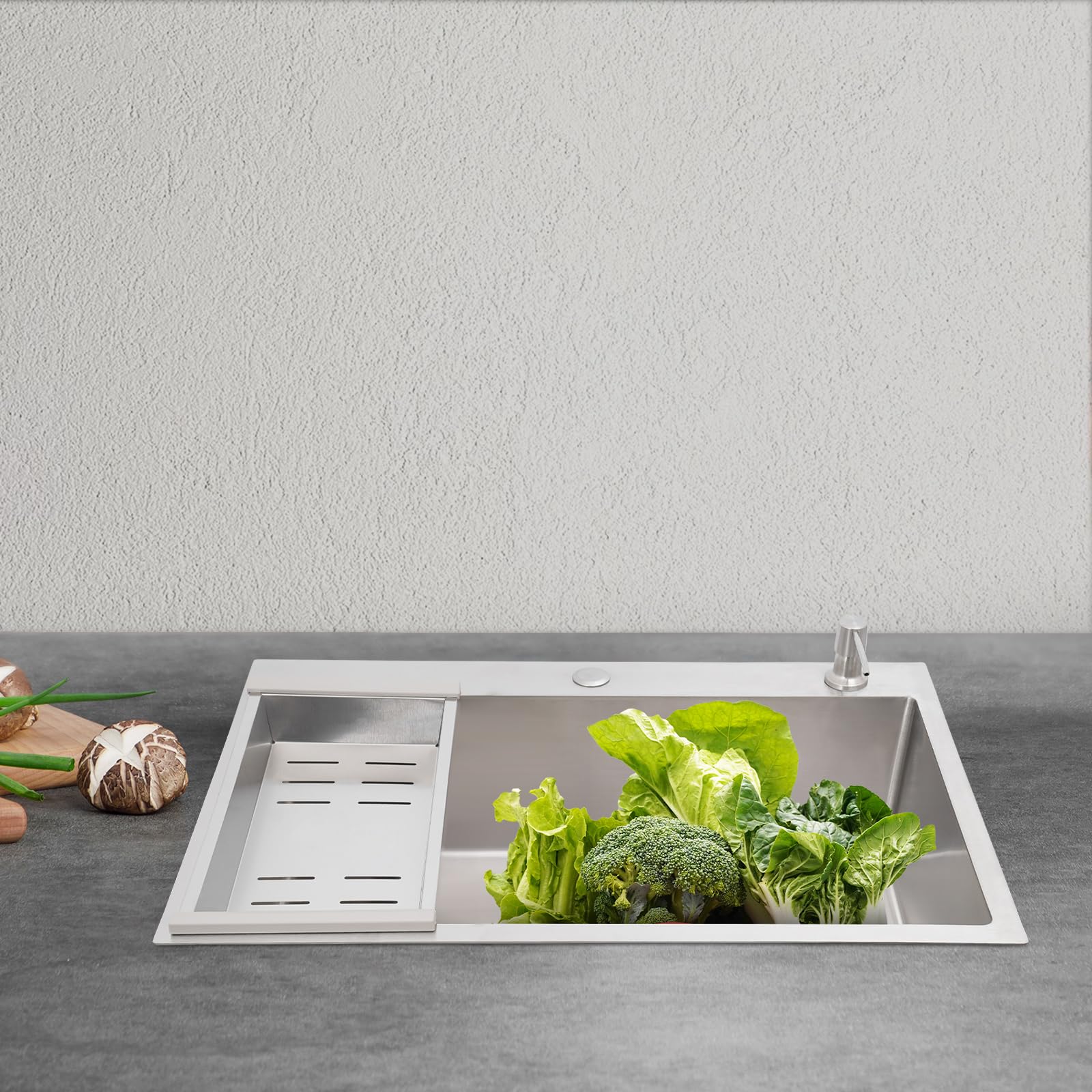 Fregadero de acero inoxidable 68 x 45 cm, fregadero de cocina de alta calidad y fregadero empotrable, con escurridor y escurridor, fregadero de granito empotrable a partir de 45 cm, incluye