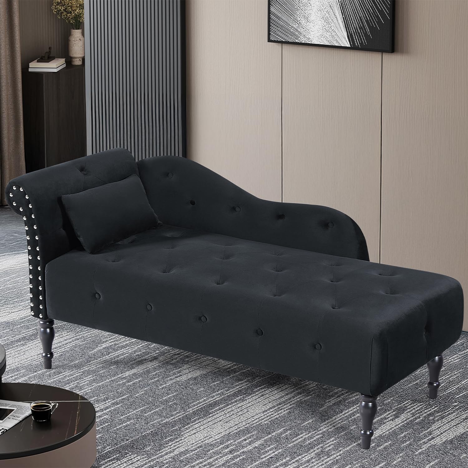 60" Modern Velvet Chaise Lounge Indoor, Upholstered Chair with Left Armrest and Lumbar Pillow, Button Tufted Lounge Sofa for Living Room Bedroom Office, Mini Chaise Longue Sofa (Black)