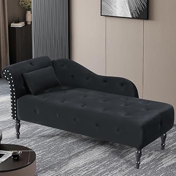 60" Modern Velvet Chaise Lounge Indoor, Upholstered Chair with Left Armrest and Lumbar Pillow, Button Tufted Lounge Sofa for Living Room Bedroom Office, Mini Chaise Longue Sofa Black