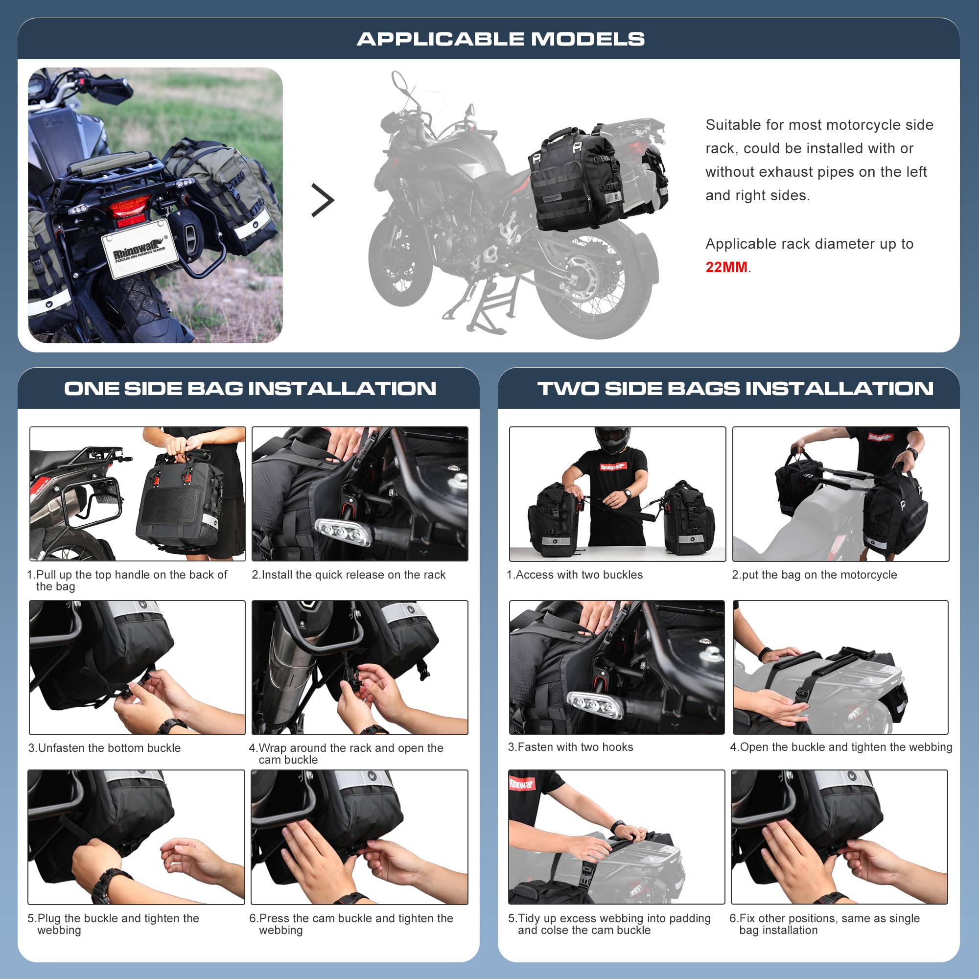 Rhinowalk Sacoche de selle de moto - Poche latérale étanche de 20 l - Montage rapide - Pour vélo d'aventure et de sport - Noir - 1 pièce