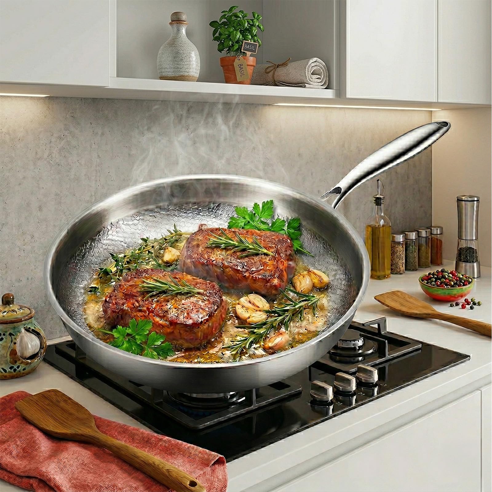 Titan Pfanne, Titanium Hammered Pan Pro mit Deckel, 28 CM Titan Pfanne Unbeschichtet, Antihaftbeschichtete Bratpfannen, Verdickt haltbar, Geeignet für Herdarten geeignet Spülmaschinen (28 cm)