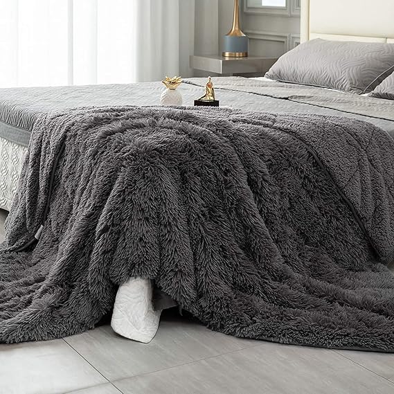Topblan Fuzzy Sherpa Faux Fur Weighted Blanket 15lbs, Ultra Soft Reversible Plush Blanket with Luxury Long Fur and Shaggy Sherpa to Help with Better Sleep, 60x80 inches Grey