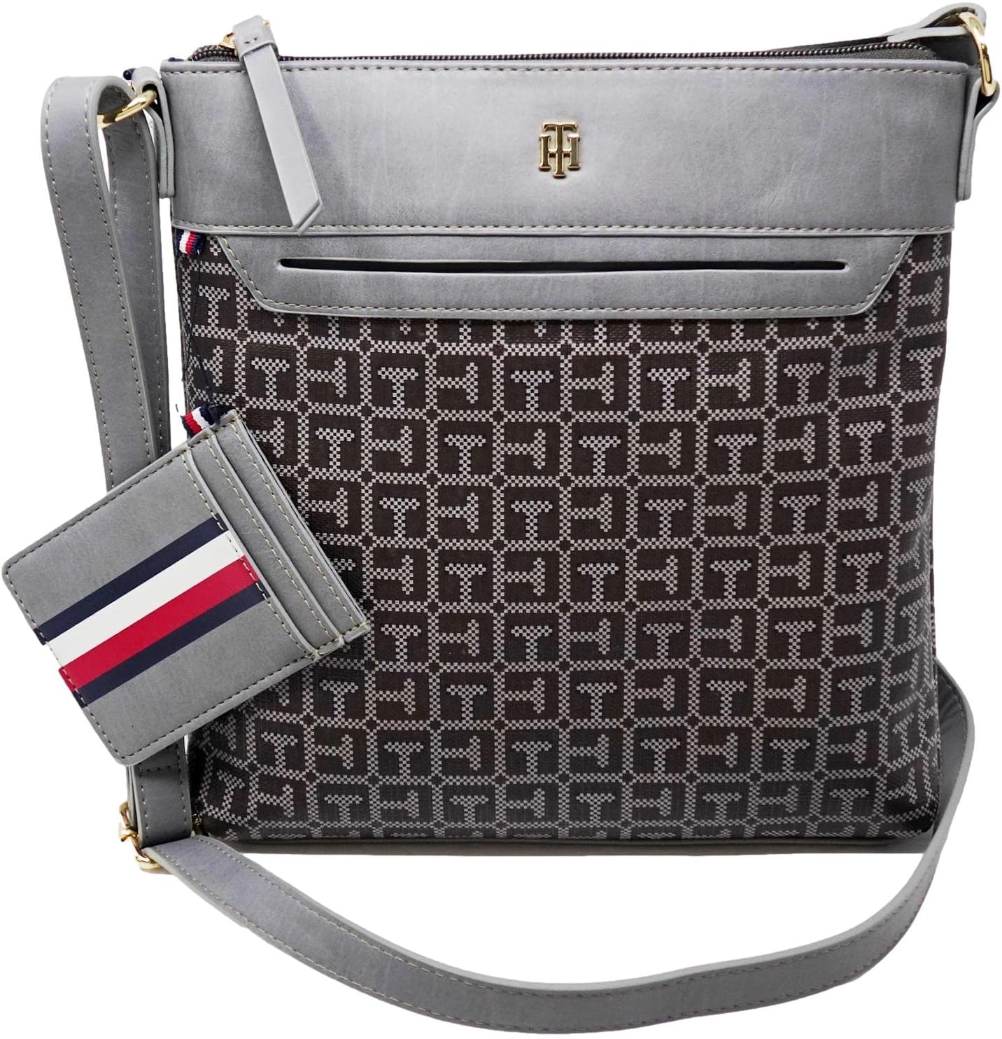 Tommy Hilfiger Women's Gray Logo Printed Coated Canvas Medium Crossbody Handbag Purse + Card Case