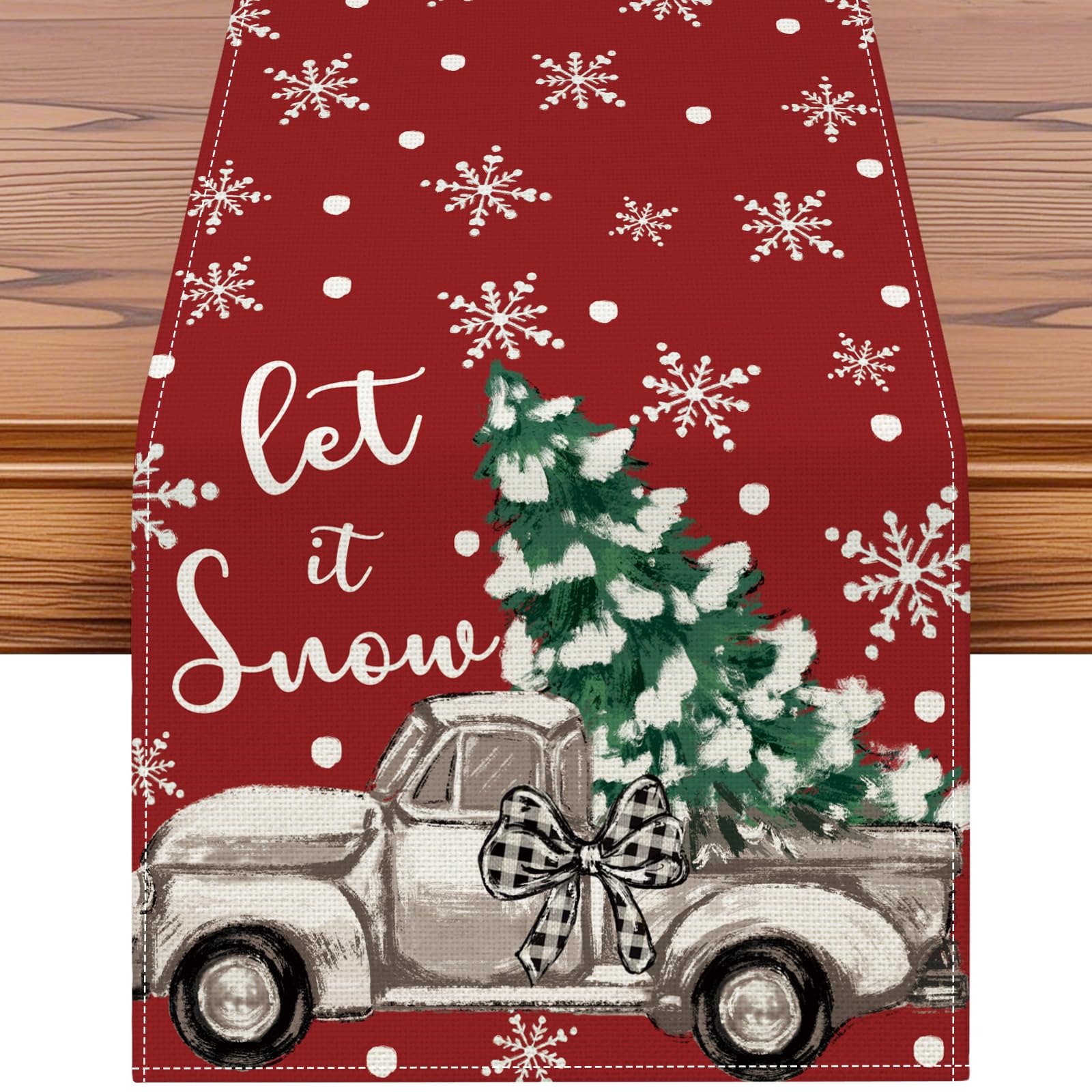 Artscope Truck Christmas Tree Let It Snow Christmas Table Runner, Xmas Seasonal Winter Holiday Kitchen Dining Table Decoration for Home Party Decor 40x300cm (Red)