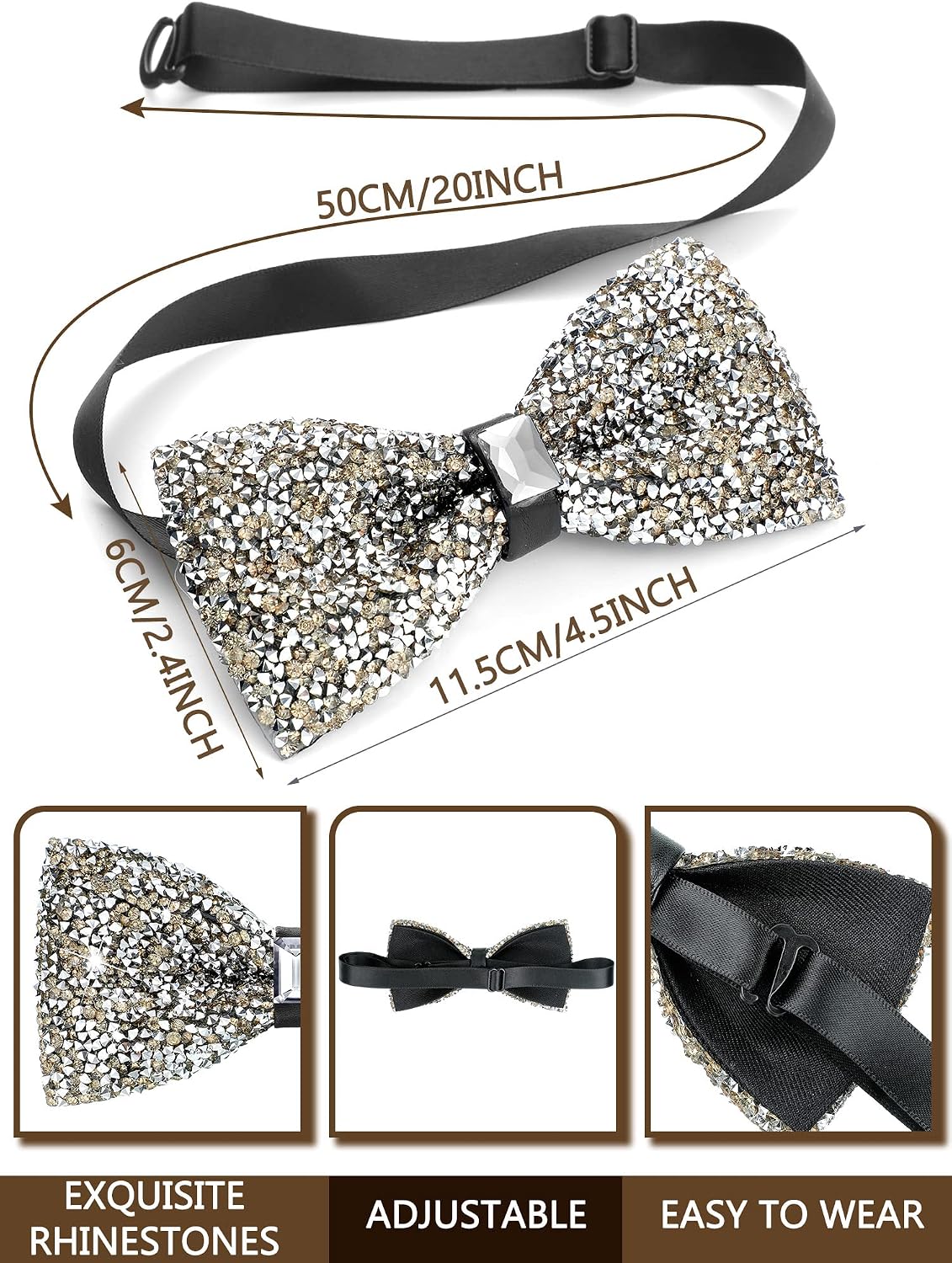 Jiuguva 3 Pieces Rhinestone Bow Ties for Men Pre-tied Bow Tie Adjustable Banquet Length Banquet Wedding Party