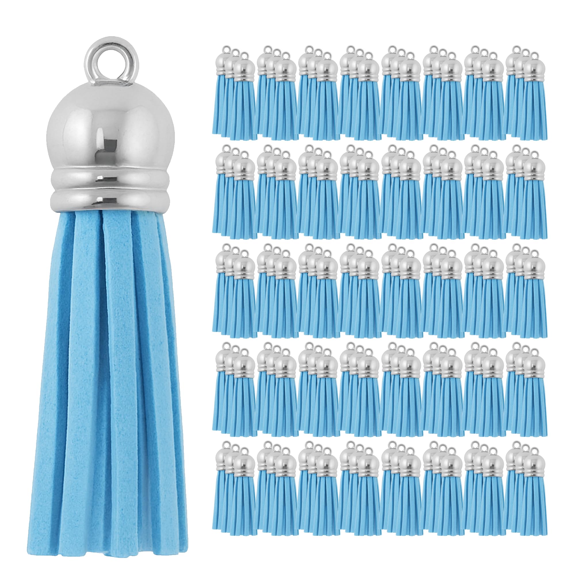 Mandala Crafts 100 Pcs Silver Cap Sky Blue Faux Suede Tassels Bulk Keychain Making Supplies - Small Leather Tassels for Charms, Jewelry Making, and