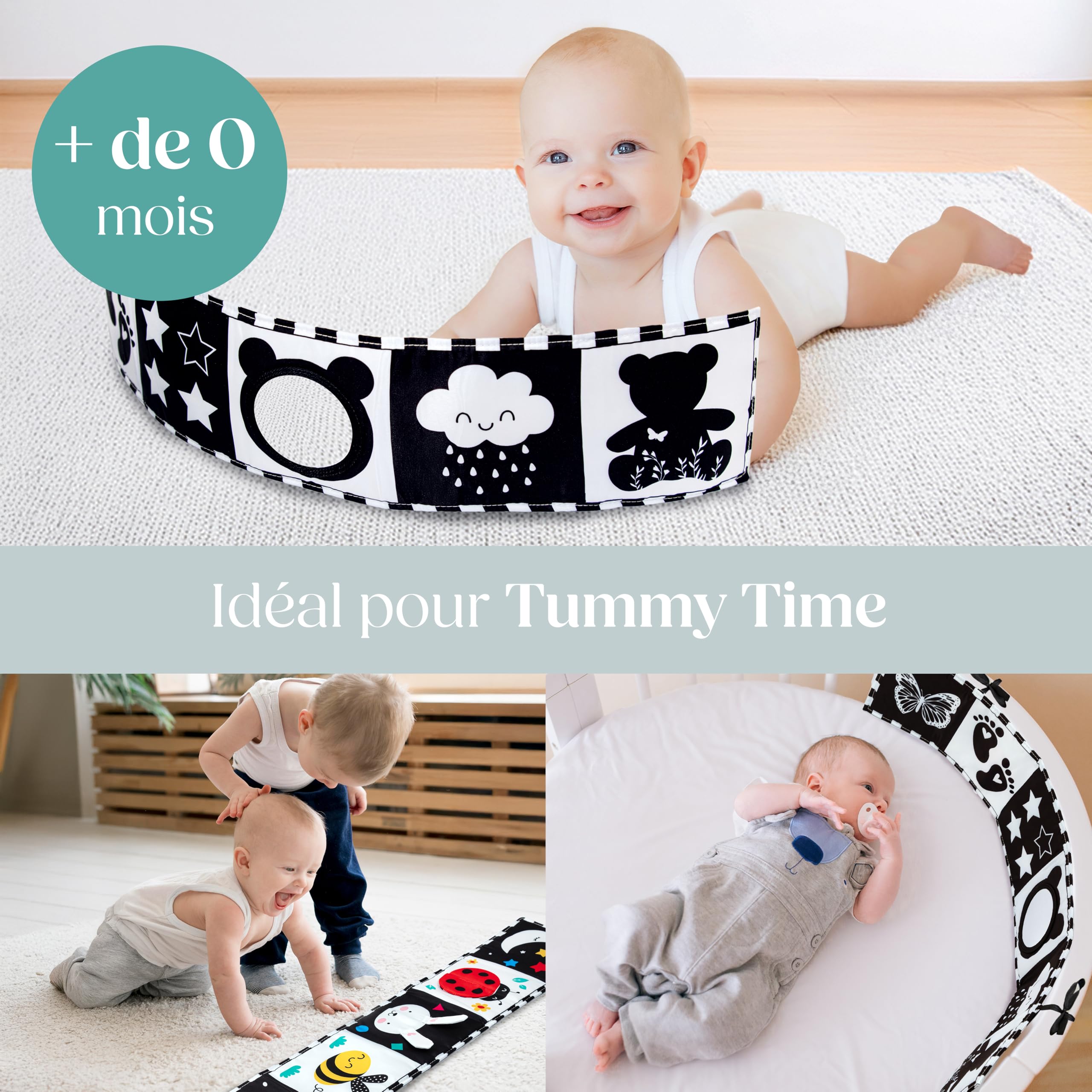 WELLODE Livre Tissu Bébé Eveil 0 3 6 12 Mois - Livre Noir et Blanc Bébé Montessori - Livre Sensoriel Bébé Naissance - Jeux Eveil Bebe 0 3 6 Mois - Tummy Time Bébé - Cadeau Parfait pour Bébé