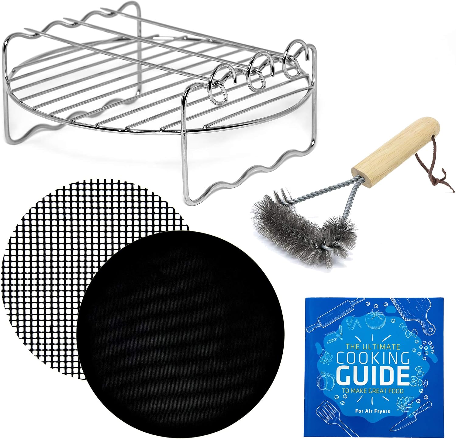 Air Fryer Accessories 7.3 inch Rack with Skewers for Double Layer Compatible with Chefman, Cosori, Gourmia, Gowise, Instant Pot, Comfee, Bella + More with Reusable Air Fryer Mats and Cleaning Brush