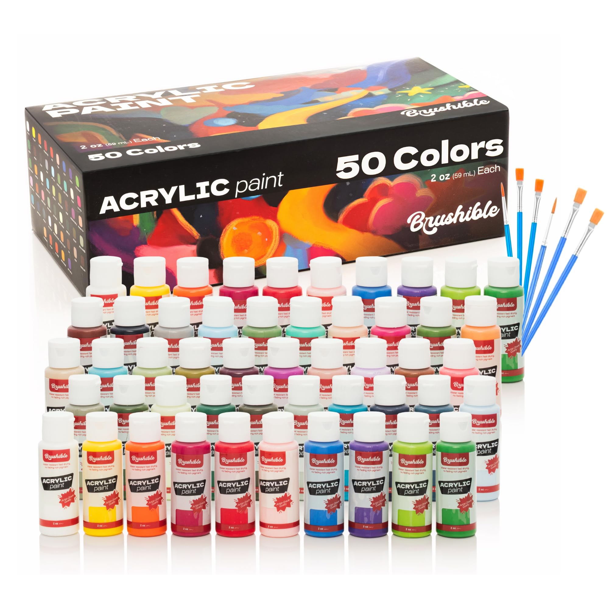 50 Colors Acrylic Paint Set, Acrylic Paint Set with 6 Brushes, 2oz/60ml Bottles, Paint for Artists, Beginners and Kids on Canvas Rocks Wood Ceramic Fabric
