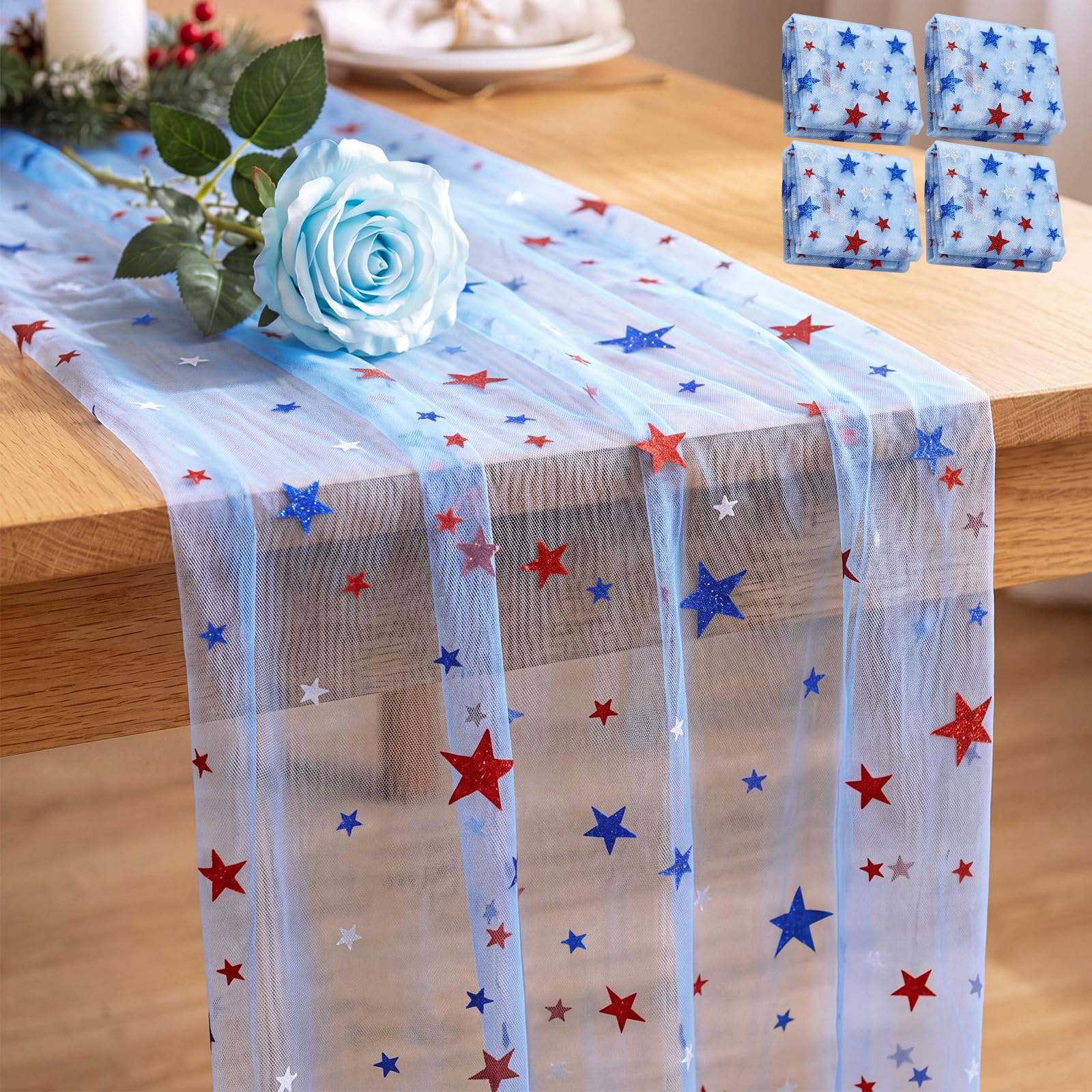 View 1 of Fanfanwin 4pcs Patriotic Cheesecloth Table Runner 9ft, 4th of July Red White Blue Stars