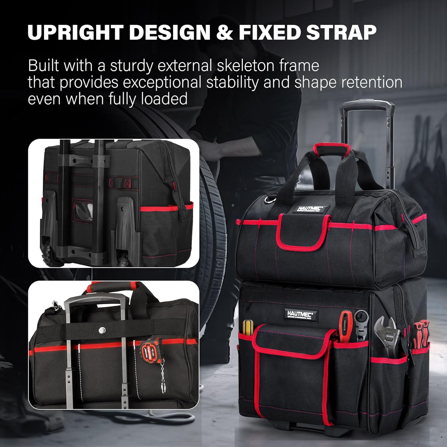 HAUTMEC 2 Piece Heavy-Duty Rolling Tool Bag Set, 14.5” Tool Bag on Wheels & 15" Wide Mouth Utility Bag, 1680D Durable Oxford Fabric Tool Storage – HT0288