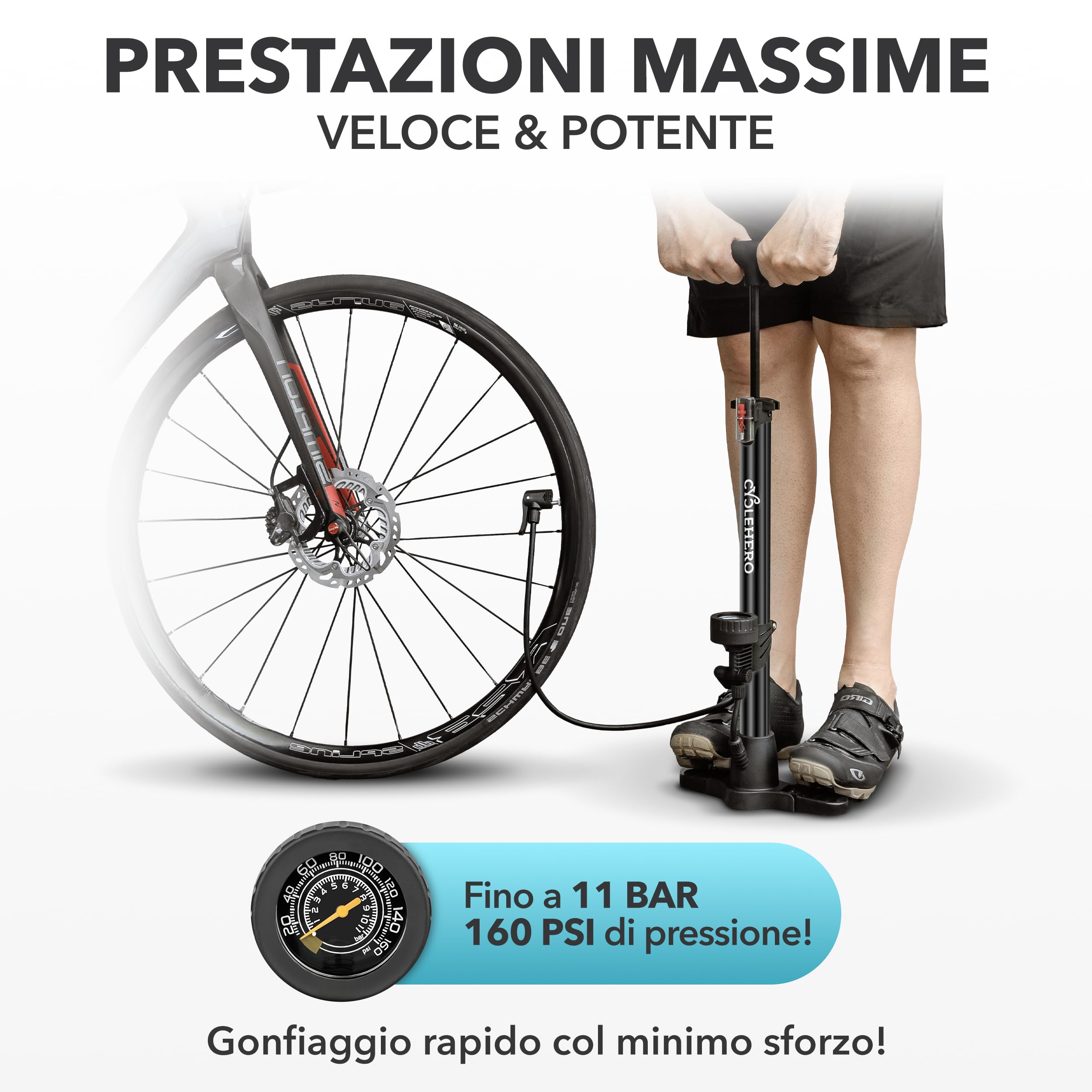 Pompa per bicicletta tutte le valvole - TESTATO MOLTO BENE - GARANZIA DI 10 ANNI Potente pompa per bicicletta ad aria - con valvola francese - Pompa per bicicletta a pavimento con manometro