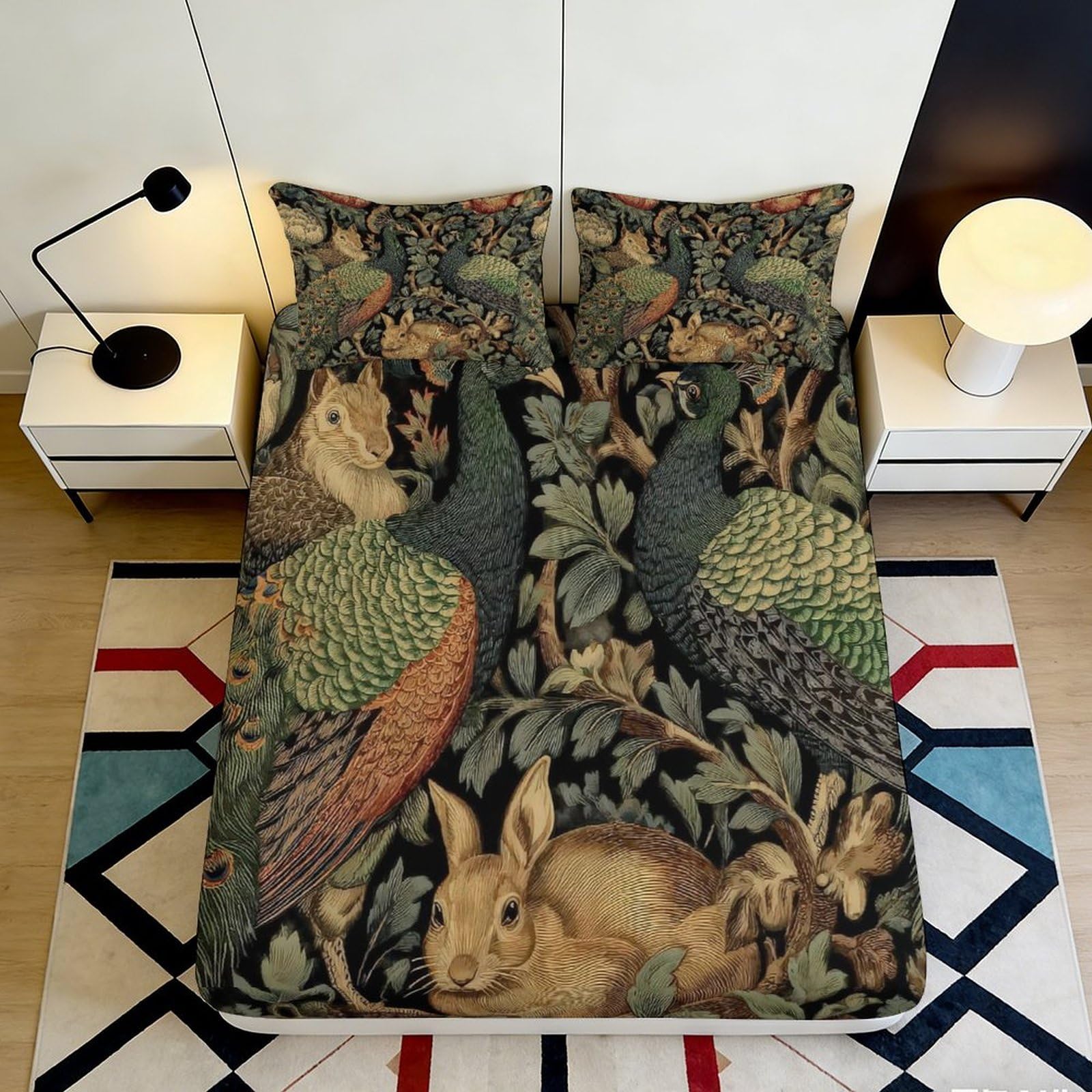 3D Printed Peacock Garden Fitted Sheet Microfiber Soft Rabbit Forest Mattress Cover for Bedroom Guest Room Decor 90x200x25cm