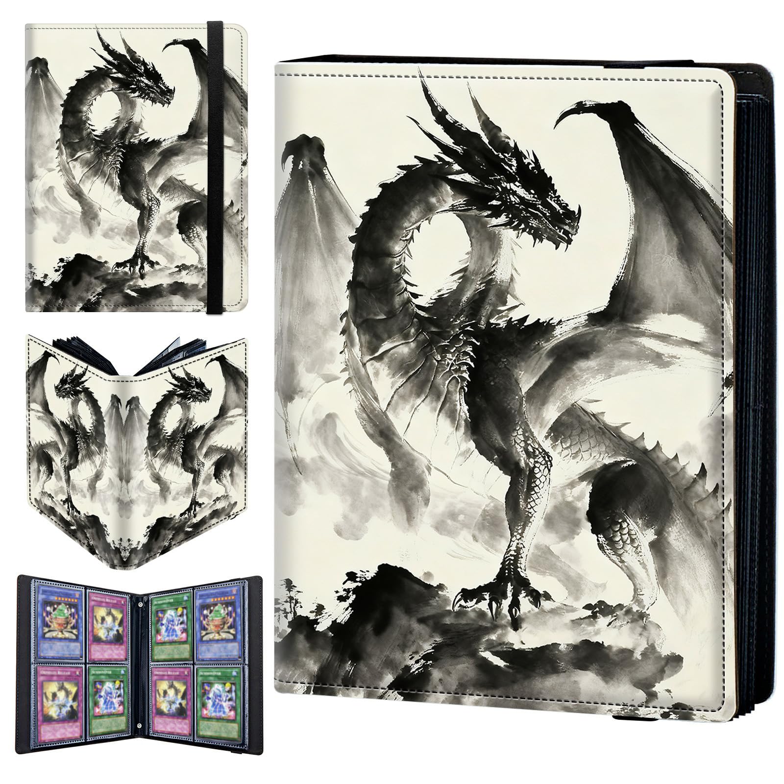 4 Pocket Trading Card Binder 160 Side Loading Pocket Album with Ink Black Dragon Pattern Design Card Binder for Sports Cards & Game Cards