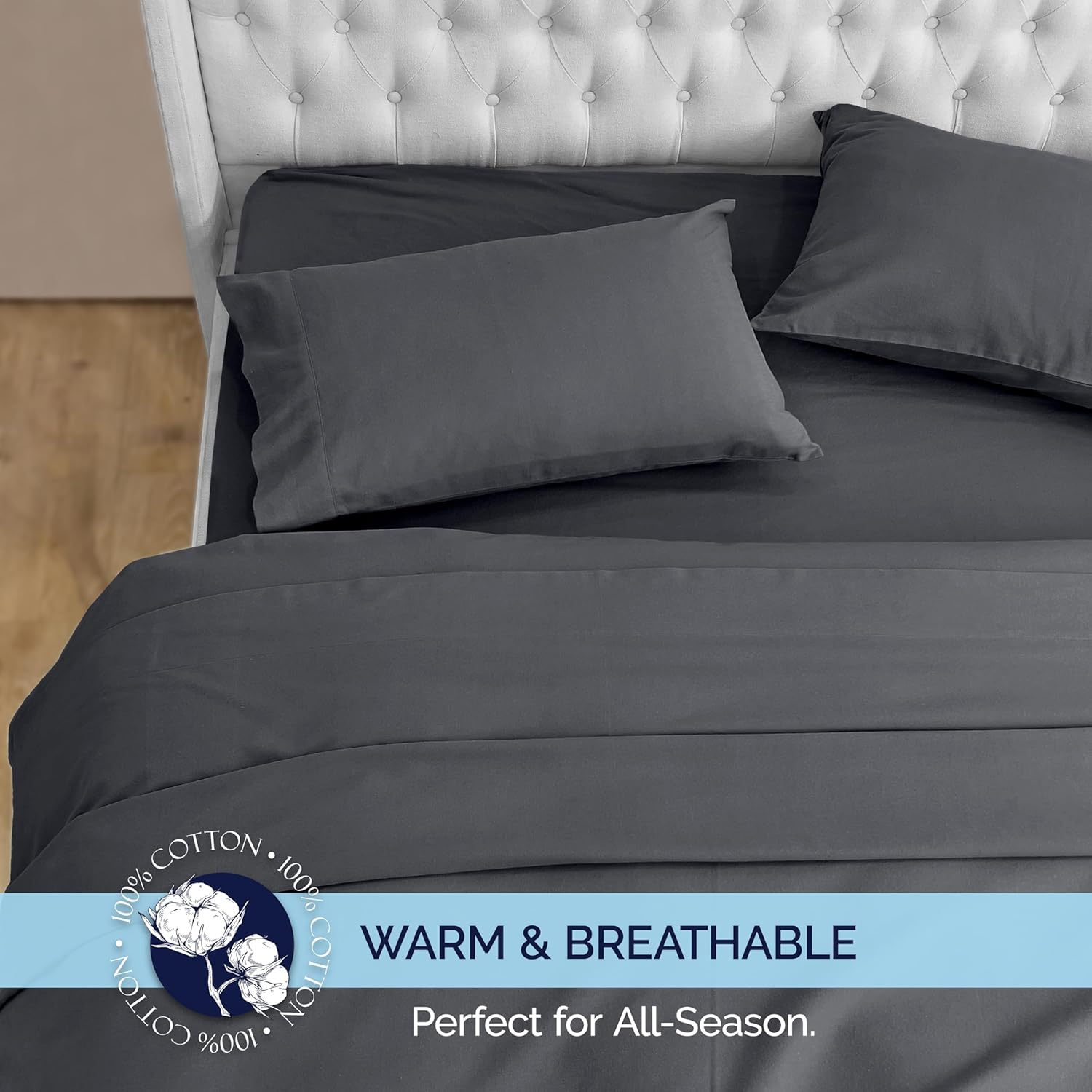 Elegant Comfort Soft 4-Piece 100% Turkish Cotton Flannel Sheet Set - Premium Quality, Deep Pocket Fitted Sheet, Ultra Soft, Cozy Warm Flannel Sheets - Cali King, Gray