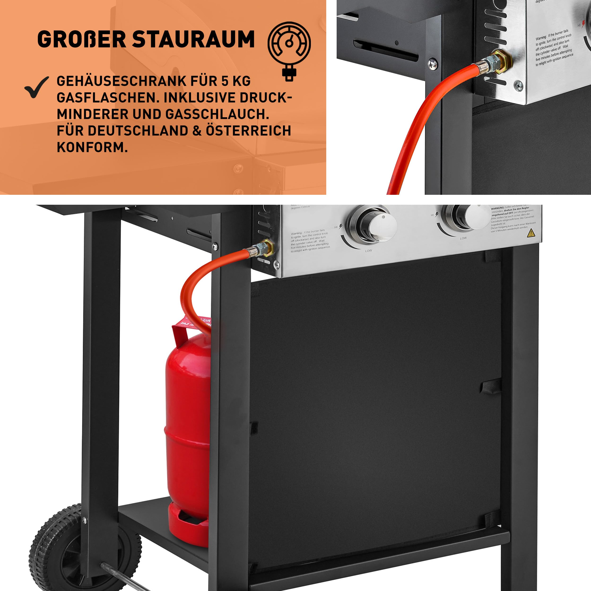 Heinrich´s Gasgrill, Grillwagen, 2Flächen Brenner aus Edelstahl, Balkon-Grill auf 2 Rädern, BBQ-Grill, Seitenablage klappbar, stufenlose Temperatursteuerung, Temperaturanzeige