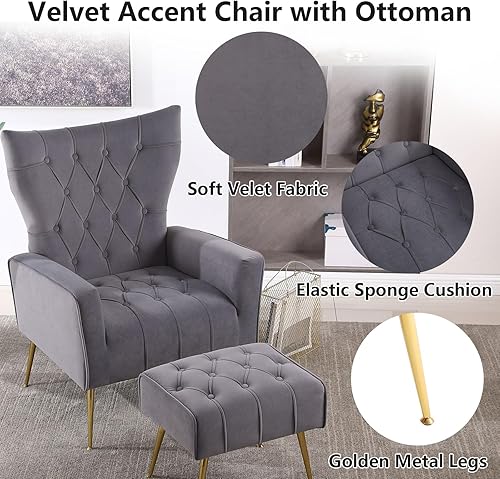 Miniatura 3 de ODUWA Silla decorativa de terciopelo con otomana, sillas decorativas modernas con reposabrazos y respaldo, silla capitoné con botones, sillón