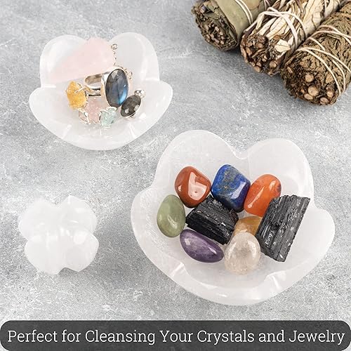 Miniatura 4 de Cuenco de selenita de flor de loto para carga de cristales, 3 piezas de cuenco de selenita de flores para carga de cristales, extraído y fabricado