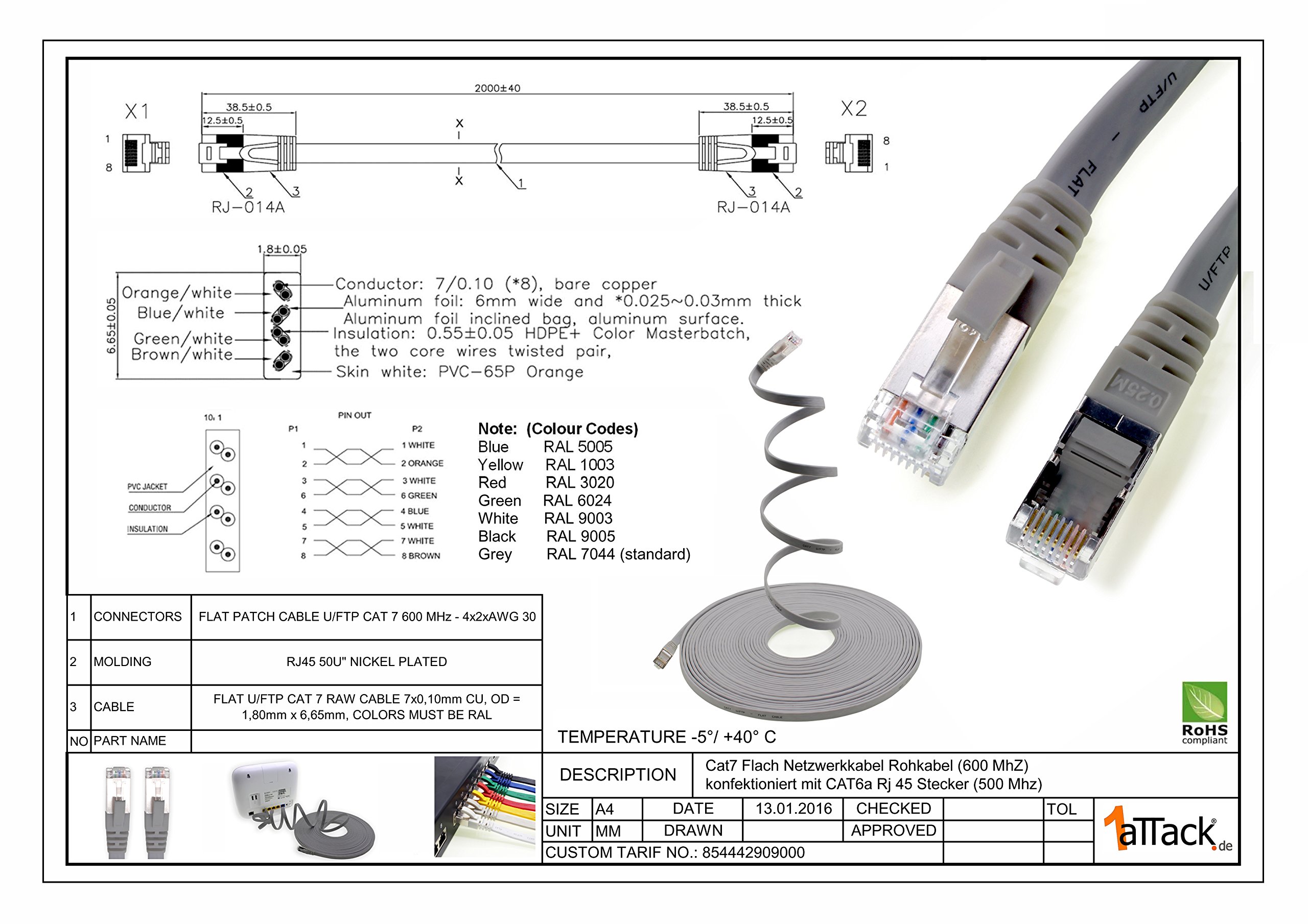 1aTTack.de 10m - weiß - 1 Stück Cat7 Flachkabel Netzwerkkabel Cat 7 Rohkabel Gigabit Lan (10Gbit/s) Flachbandkabel Verlegekabel Patchkabel Flach Slim Rj 45 Stecker Cat6a - 2