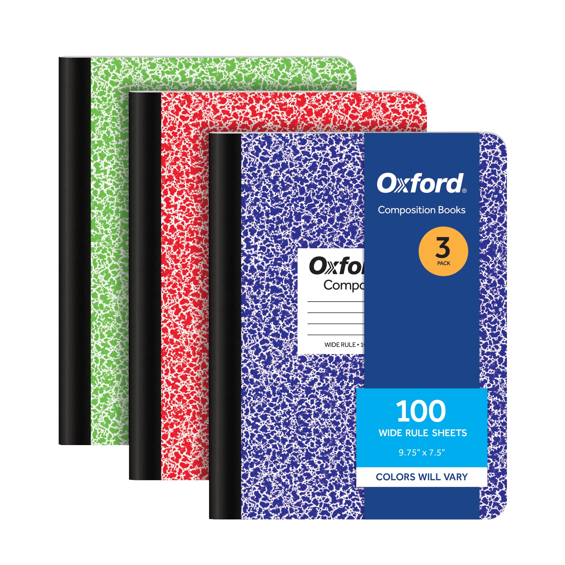 Oxford Composition Notebooks, 3 Pack, Cover Colors Vary, Wide Ruled Paper, 9-3/4 x 7-1/2 Inch School Journals, Assorted Marble Covers, 100 Sheets per Book (1002517)