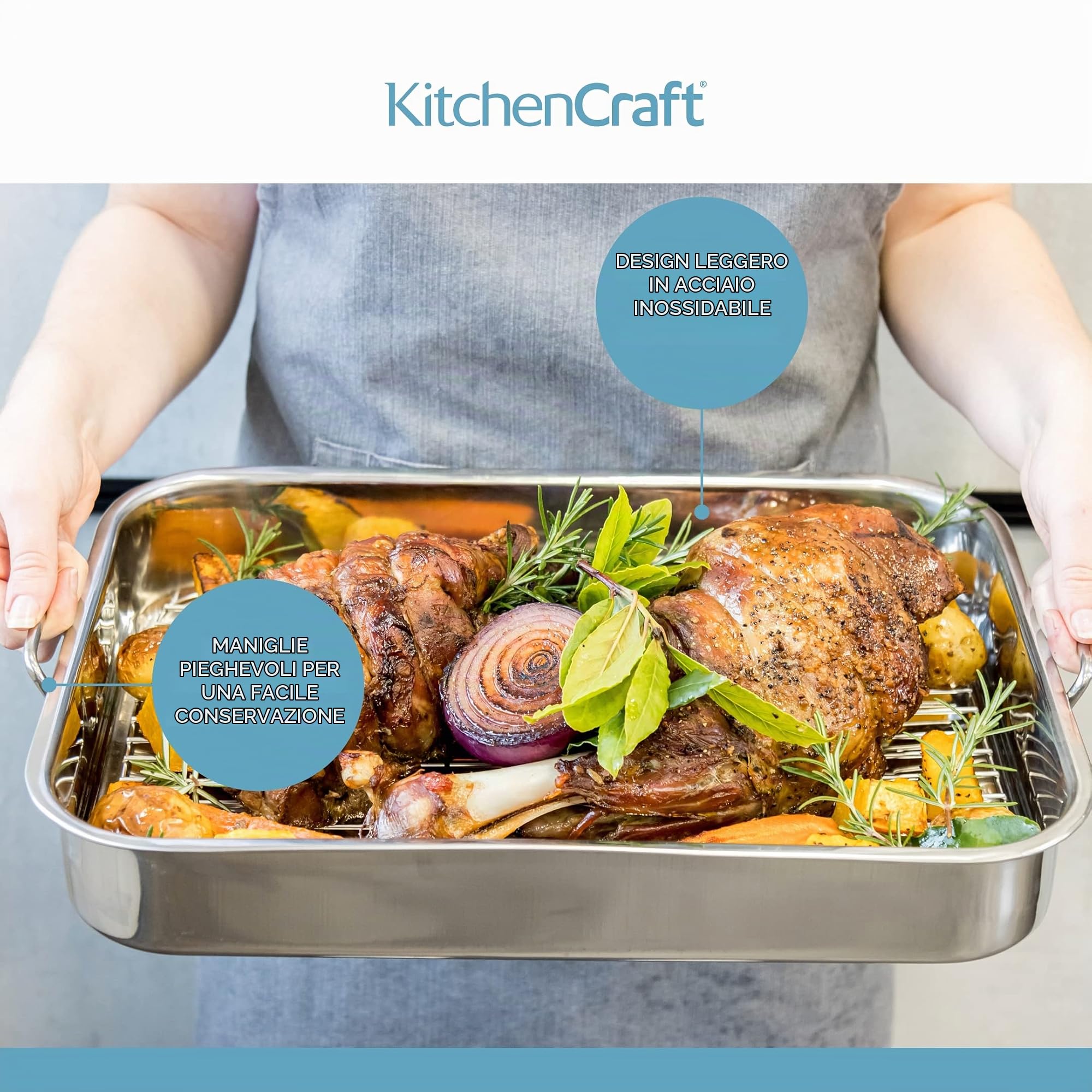 Kitchen Craft Padella per arrosto in acciaio INOX con griglia