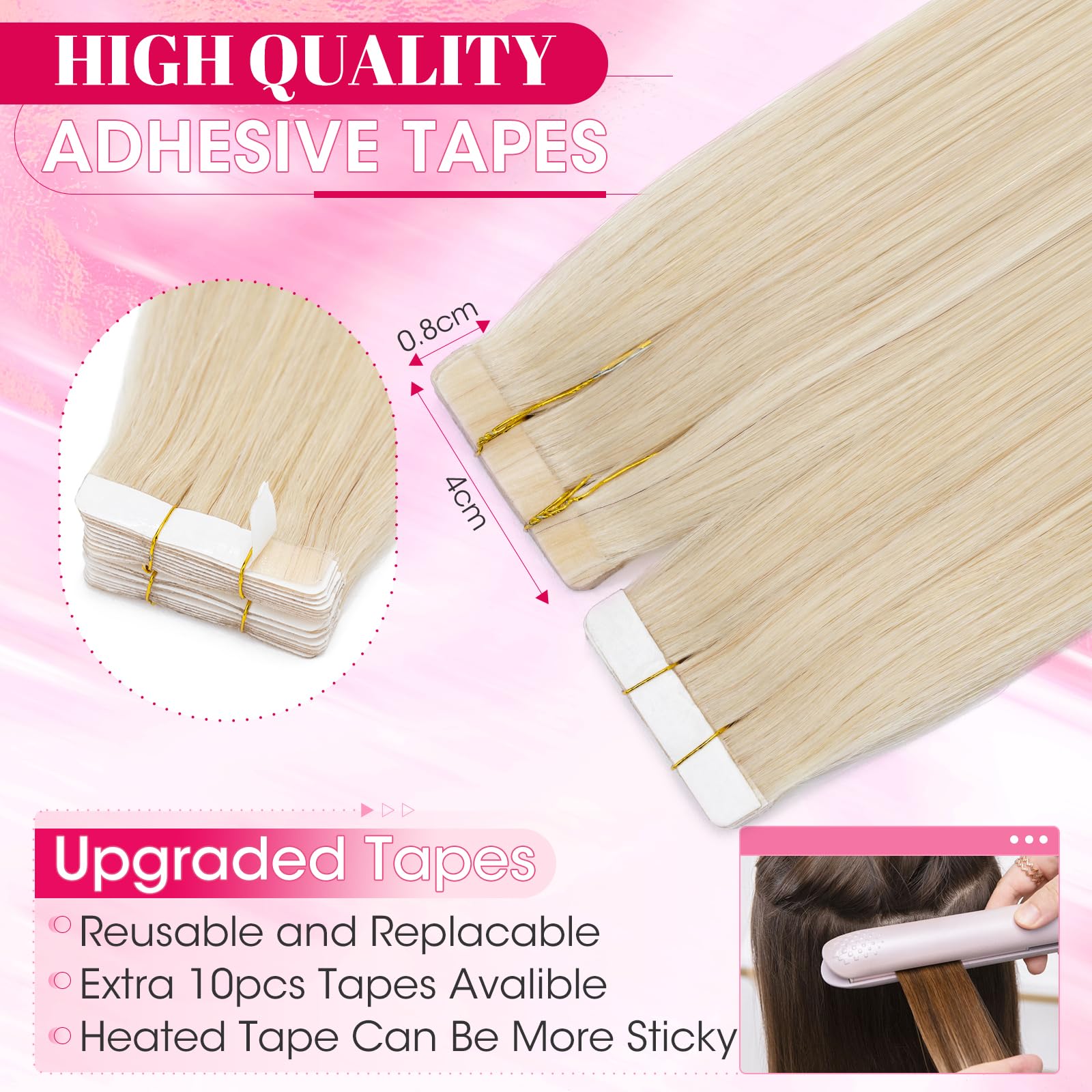 MY-LADY Seamless Invisible Tape Hair Extensions - 20pcs Remy Real Human Hair Straight #60 Platinum Blonde - 14 Inch 40g - Image 3