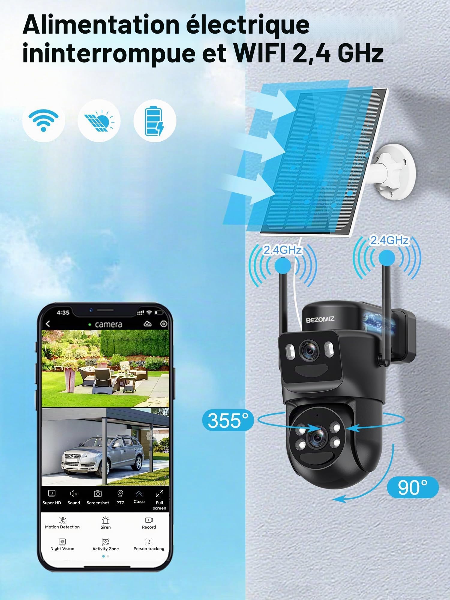 4K Caméra Surveillance WiFi Extérieure à Double Objectif,360° PTZ Caméra IP,8MP Détection Humaine avec Panneau Solaire,Suivi Automatique,Vision Nocturne Couleur,Étanche,Audio Bidirectionnel,2.4GHz