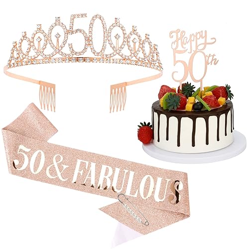 Tihebax Juego de banda y corona y tiara de cumpleaños número 50, regalos de cumpleaños 50 para mujeres, decoraciones de cumpleaños 50 para mujer,