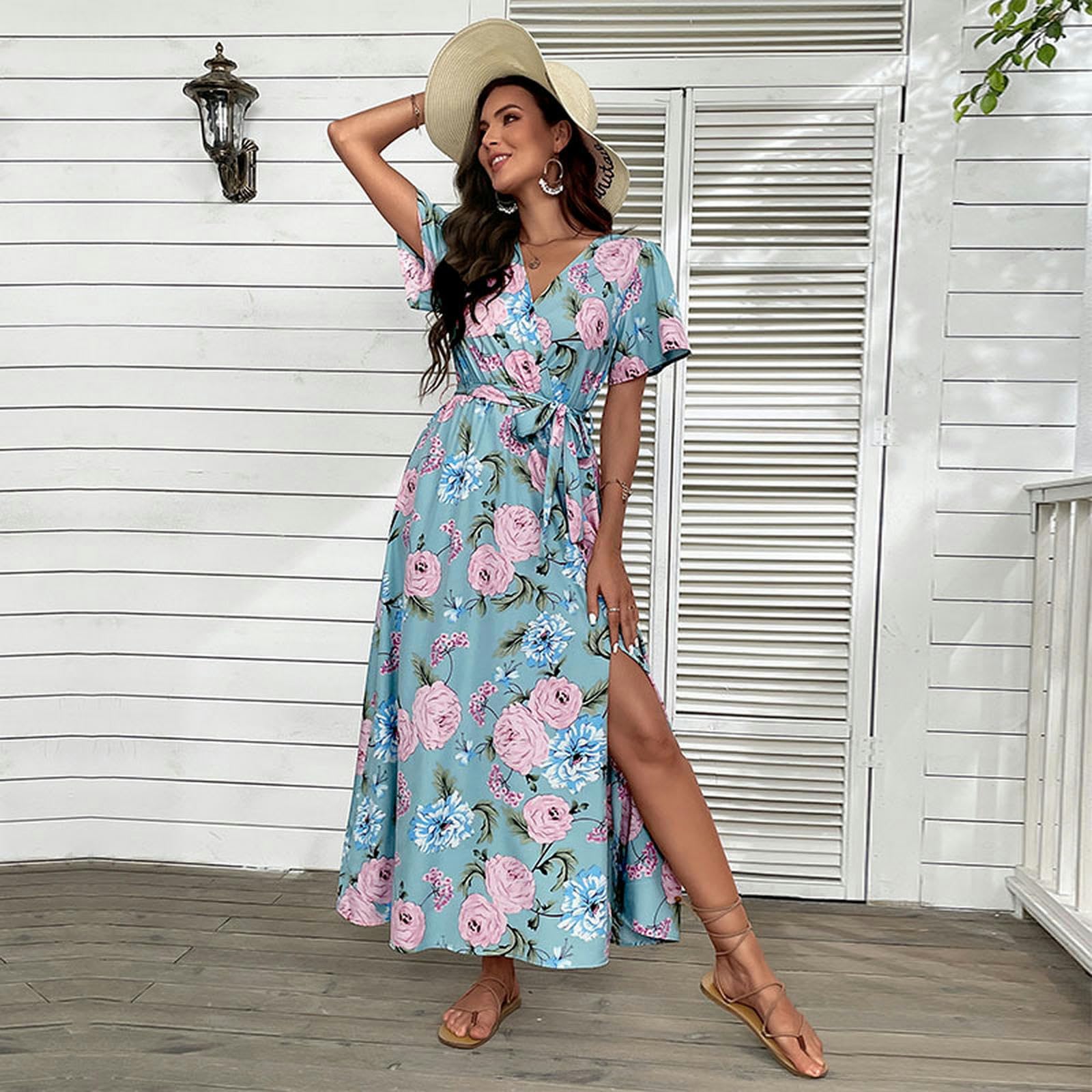 Vestidos de verano para mujer, vestido midi con cuello en V, manga larga, floral, vestido de primavera para mujer, YYEFNMAZ
