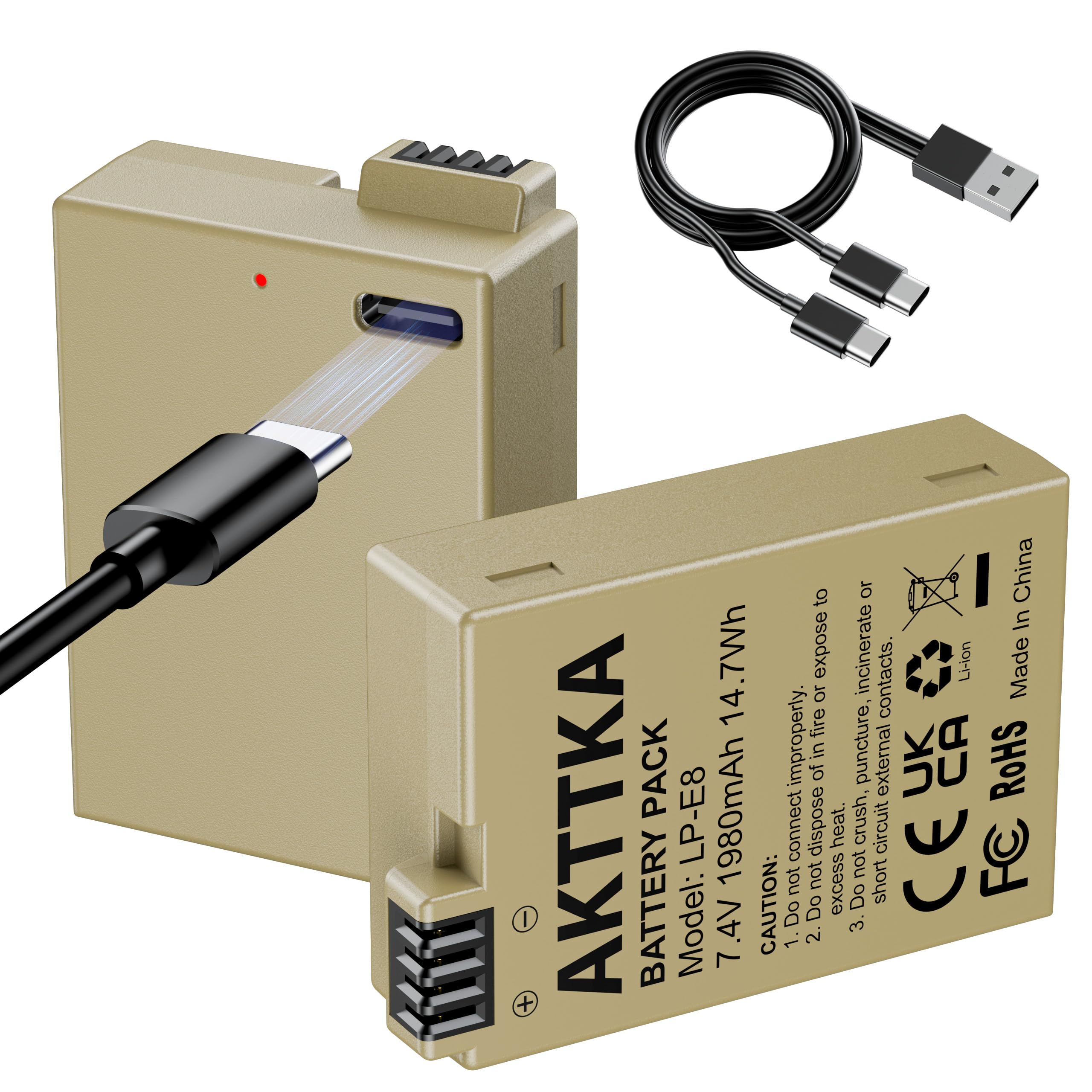 LP-E8 - Batería de Repuesto para cámara Digital Canon EOS Rebel T2i, T3i, T4i, T5i, 550D, 600D, 650D, 650D, 700D, Kiss X4, X5, X6, LC-E8E, Color Negro