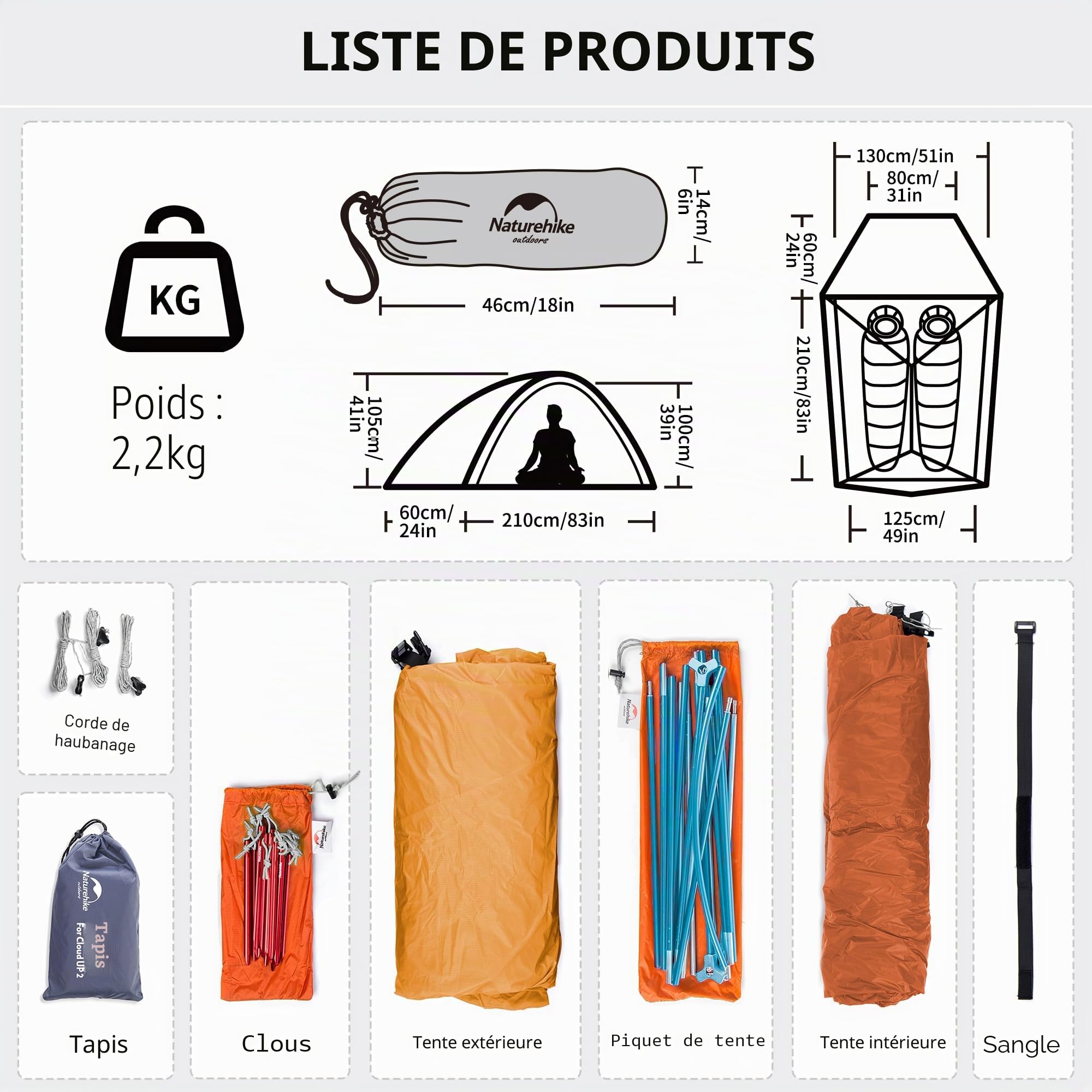 Naturehike Cloud-Up 3 Tente de Camping Ultra Légère Imperméable Autoportante Antisolaire Sac de Compression pour 3 Personnes pour Camping et Randonnée Alpinisme