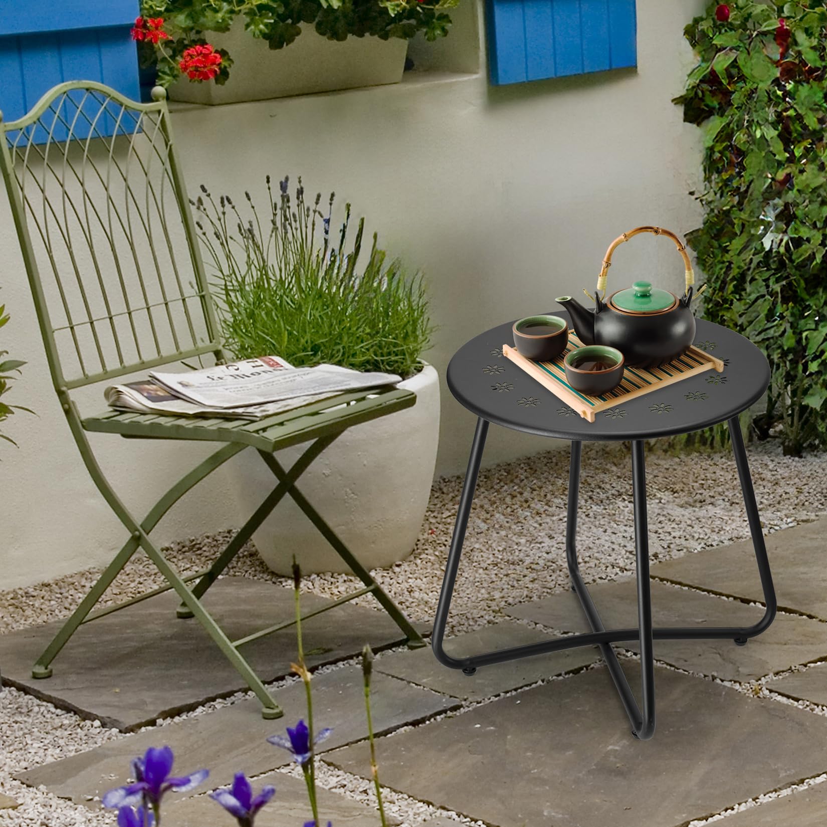 danpinera beistelltisch Outdoor, balkontisch klein, Gartentisch mit Blumenausschnitten, Kleiner beistelltisch Outdoor für Terrasse, Hof, Balkon, Garten, wetterfestes Material, Schwarz