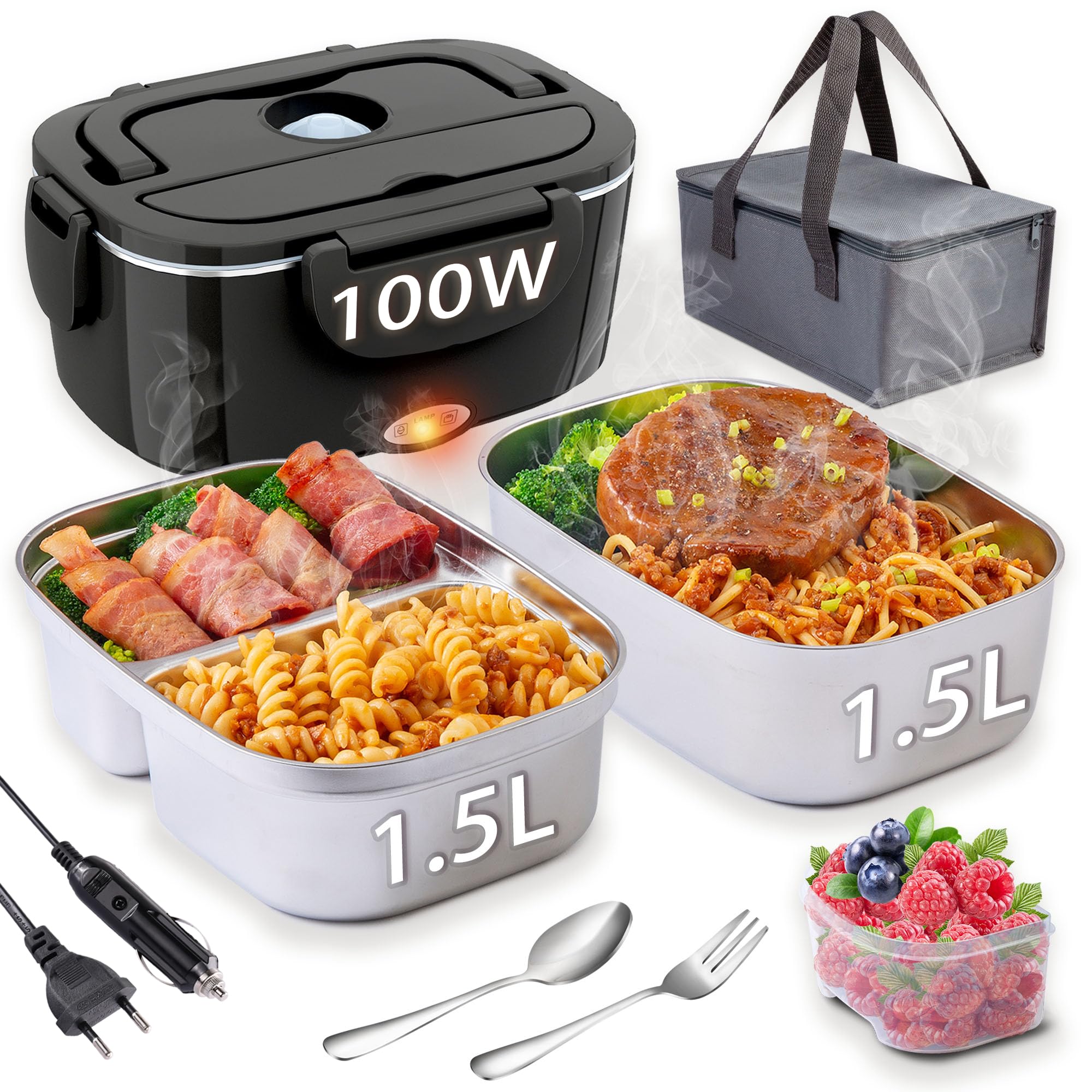 Nifogo Gamelle Chauffante 100W pour Voiture et Camion et Bureau Lunch Box Électrique 3 en 1 Acier Inoxidable 12V 24V et 230V - Boîte à Repas 1,5Lx2 avec Gris Sacs Isolants(Noir)