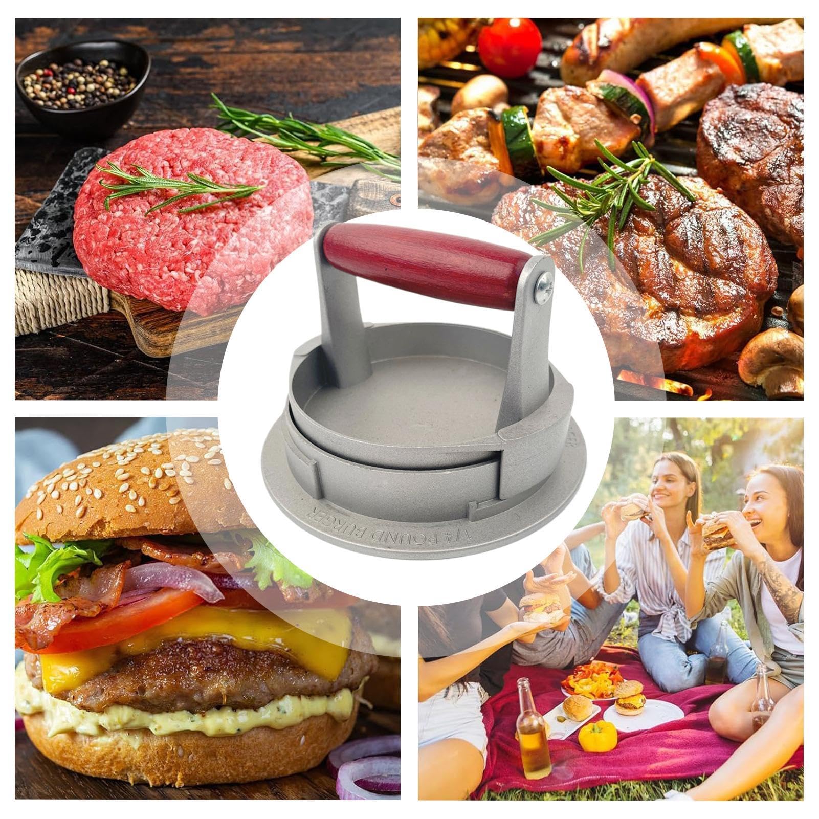 Set Pressa Per Hamburger In Ghisa - 2 Forme (Rotonda E Rettangolare) Con Manico In Legno - Foto 7