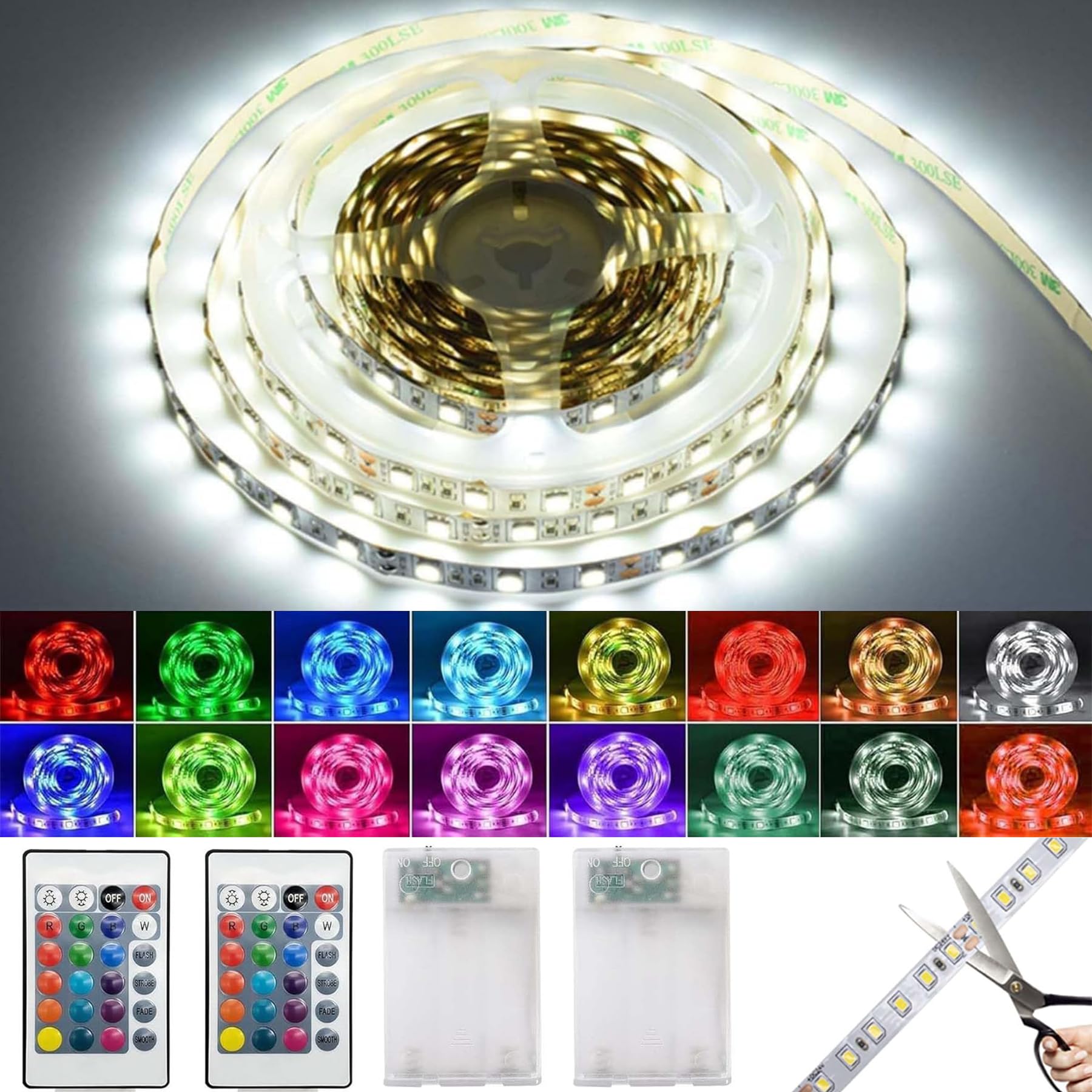 2 Stück LED Streifen Batterie 1m,Lichtband RGB 5050 Selbstklebendes 16 Farbenwechsel,Batteriebetriebene LED Streifen Lichter,LED Strip mit Fernbedienung für Schränke, Treppen, Küche, Betten Beleuchtung