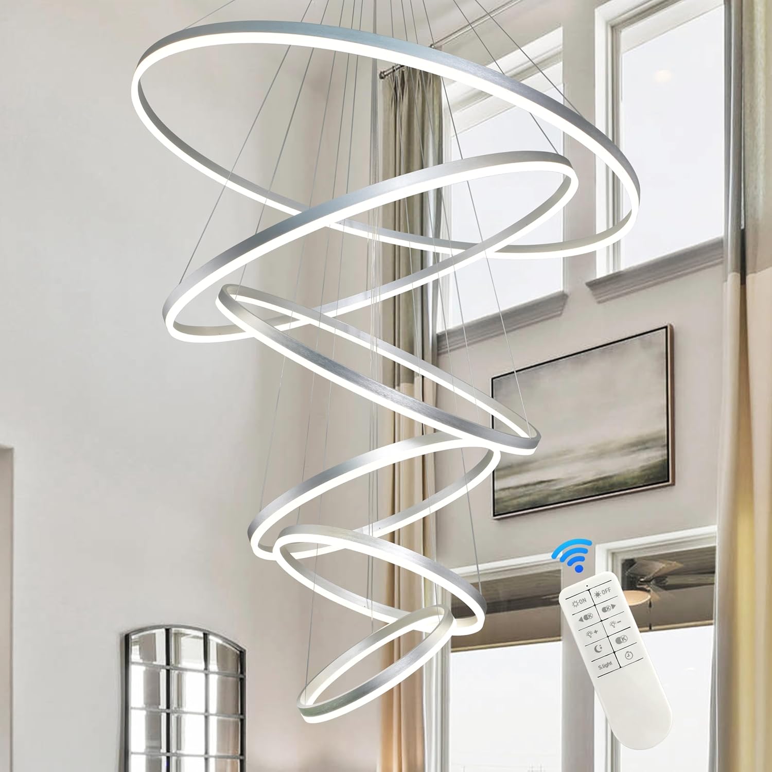 6 Rings Pendant Lights 47.2'' Modern Height Adjustable Chandeliers Sliver Led Chandelier Dimmable Sliver Chandelier Led Pendant Light for Dining Room Bedroom Living Room(3000K-6000K)