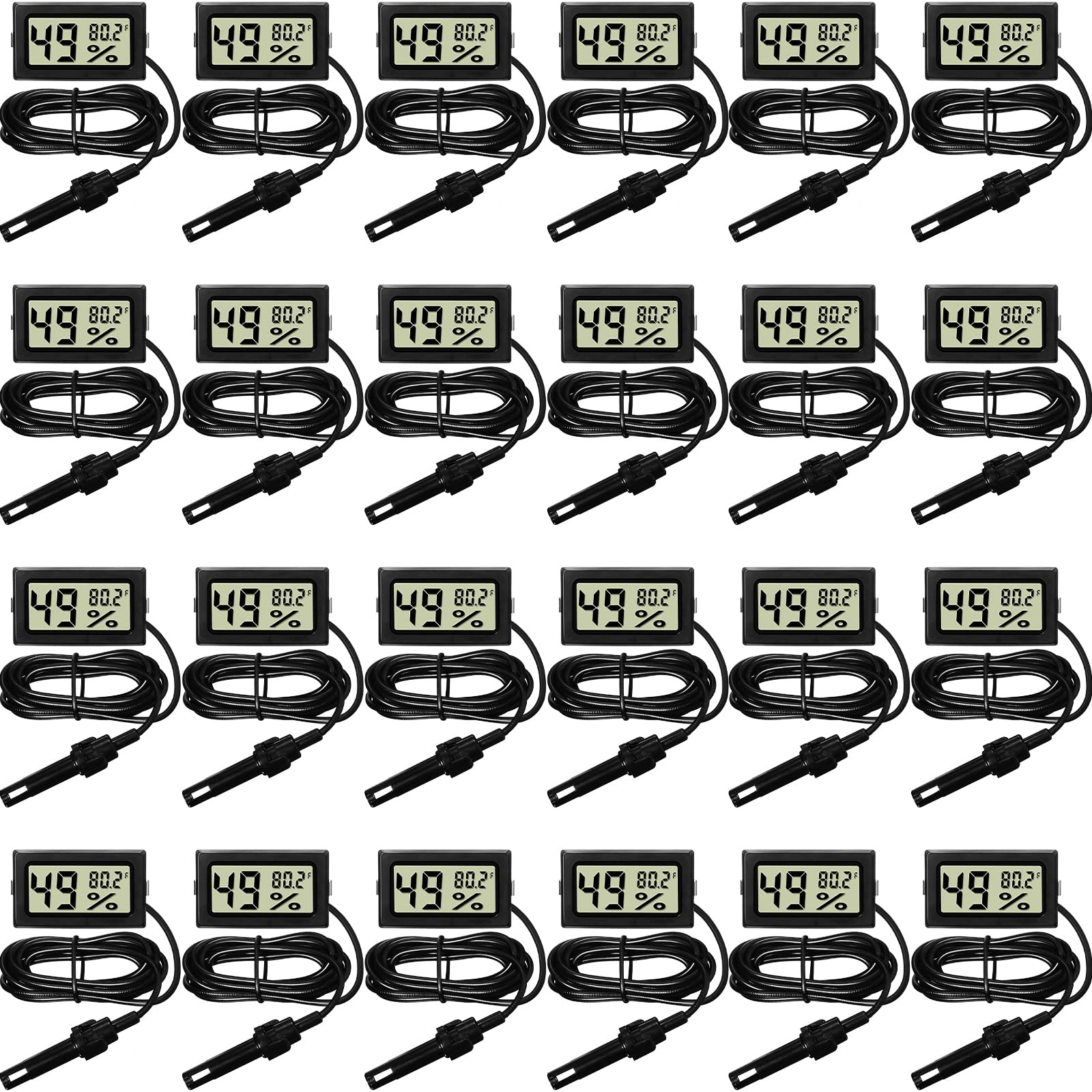 Mini misuratore digitale di temperatura e umidità con sonda con display LCD Fahrenheit, termometro, igrometro per incubatrice, rettili, serbatoi, serre, vasi da giardino e cantina (nero, 24 pezzi)