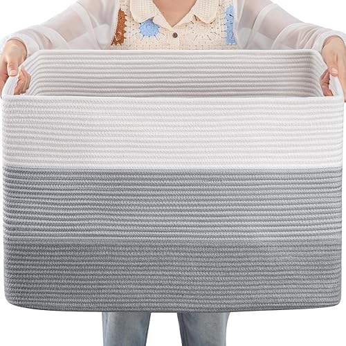 OIAHOMY 108L Large Cotton Rope Basket, Rectangle Woven Baskets for Storage, Nursery Blanket Storage Living Room, Toy Basket With Handle-25”x16”x16”-Gradient Grey - Gradient Grey - 25”x16”x16”