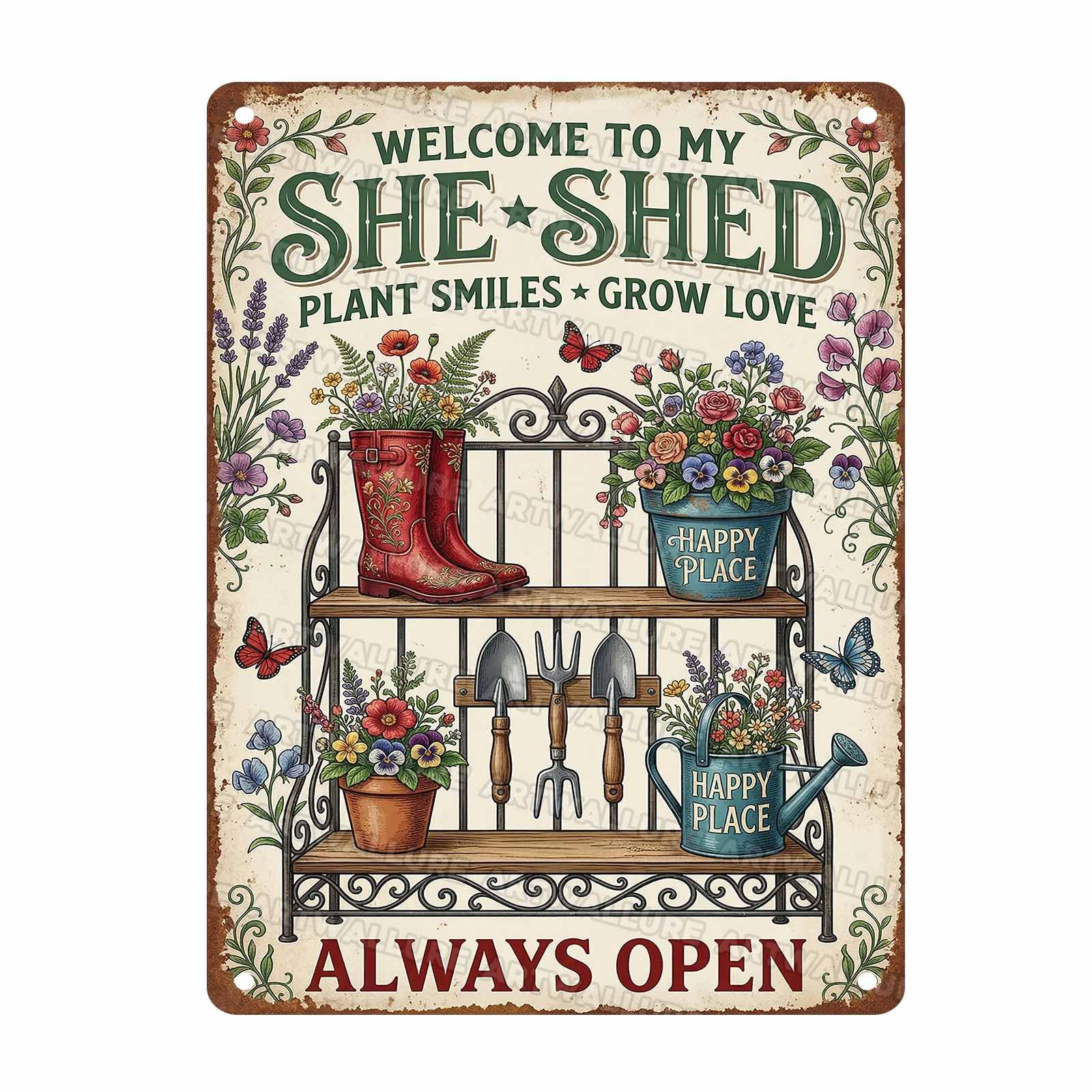 Garden Decor Metal Sign Welcoming Retro Art Welcome To My She Shed Plant Smiles Grow Love Always Open Wall Plaque For Ladies She Shed Backyard Cabin Patio 12x16Inch