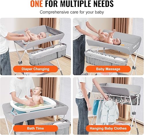 Miniatura 6 de VEVOR Cambiador de bebé, estación plegable para cambiar pañales con ruedas con bloqueo, cambiador portátil de 3 niveles de alturas ajustables, con