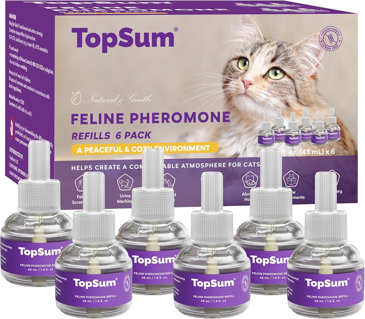 TopSum Cat Calming Diffuser Refill: 6 Refills Top Value Pack Cat Pheromones Calming Diffuser Refill – Helps Reduce Scratching Peeing Meowing Hiding Urine Marking Aggression (6 Refills)