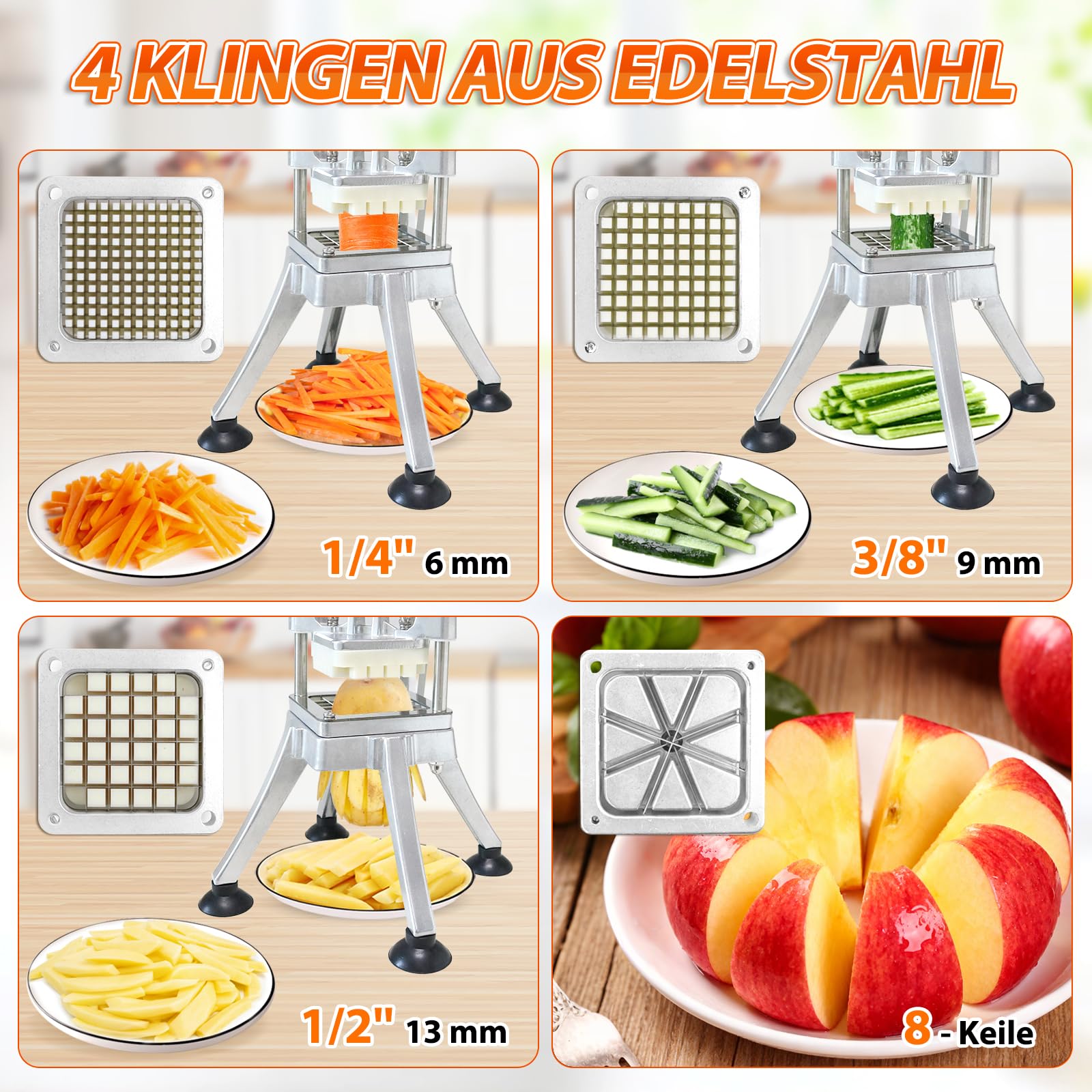 Anatole Pommesschneider Professionell Kartoffelschneider Vertikaler mit 6mm 9mm 13mm 8-Keil Klinge aus Edelstahl Pommespresse Manuell für Kartoffel Karotte Gurke Zwiebel Zitrone