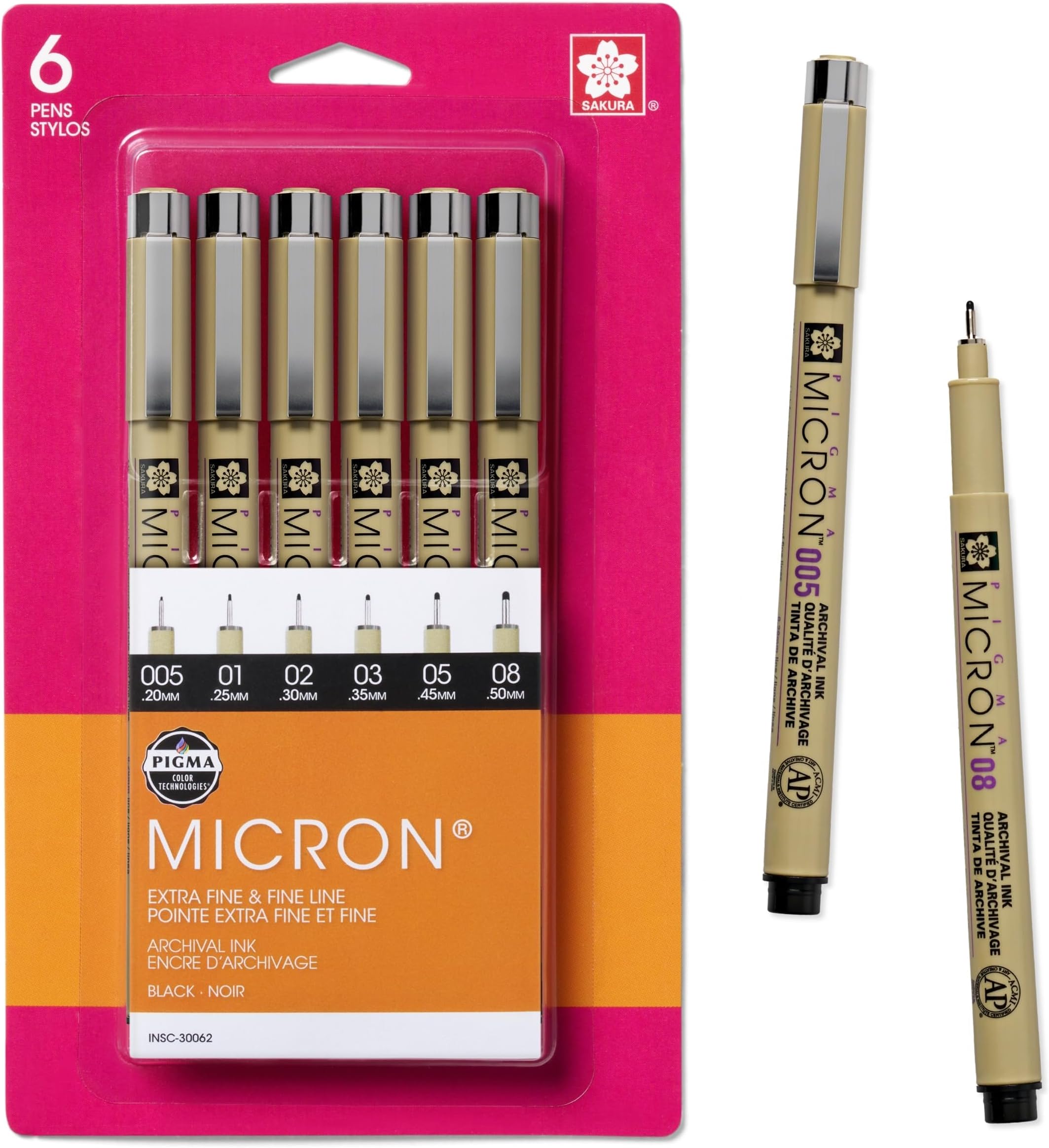 Sakura Pigma 30062 Micron Blister Card Ink Pen Set, Black, 'T Point Sizes 6Ct Set