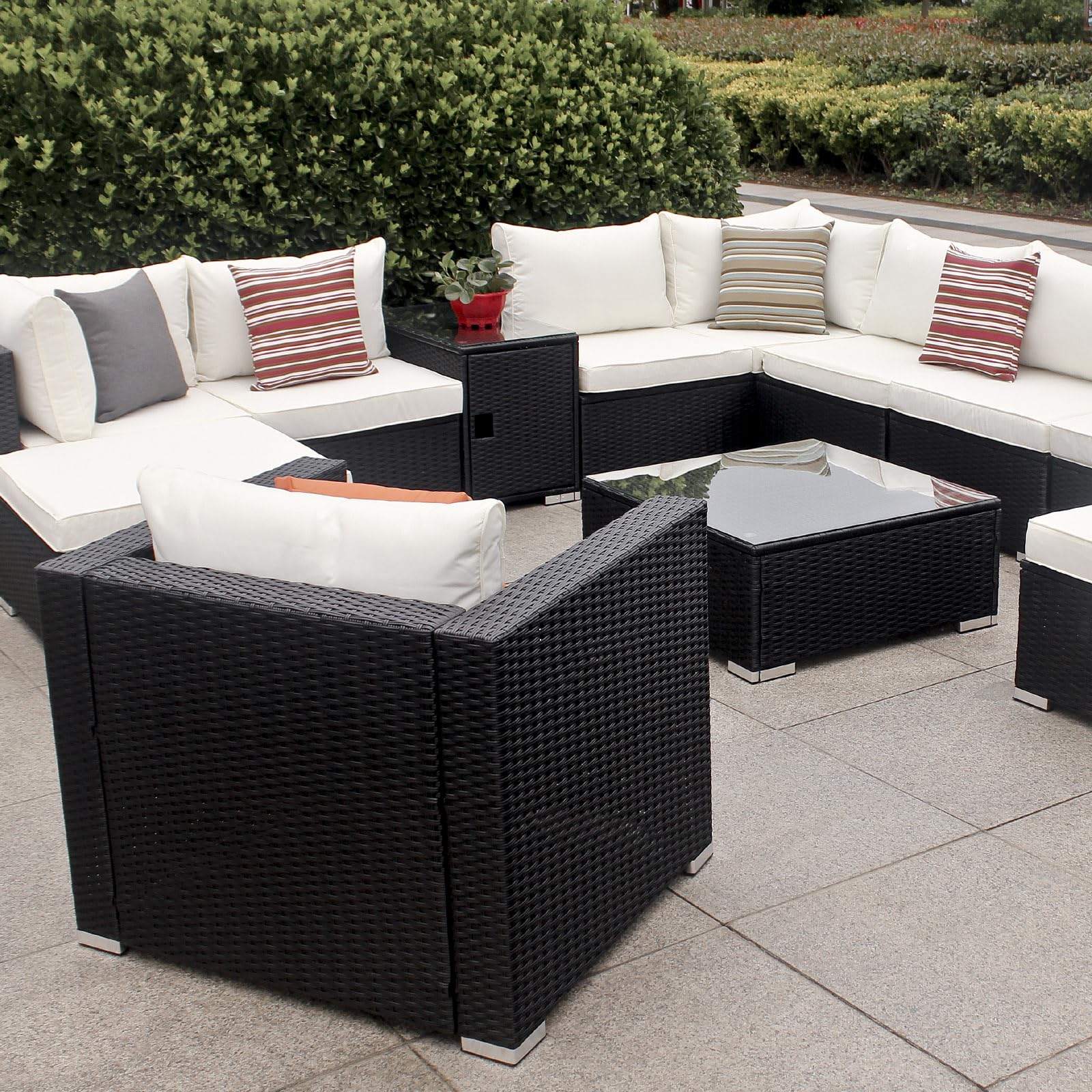 Couchtisch Beistelltisch Gartentisch Teetisch Tisch Gartenmöbel Kaffeetisch Balkontisch Terrasse Abstelltisch mit Stauraum und Glassplatte 75x40x50cm Poly Rattan Glas (Schwarz)