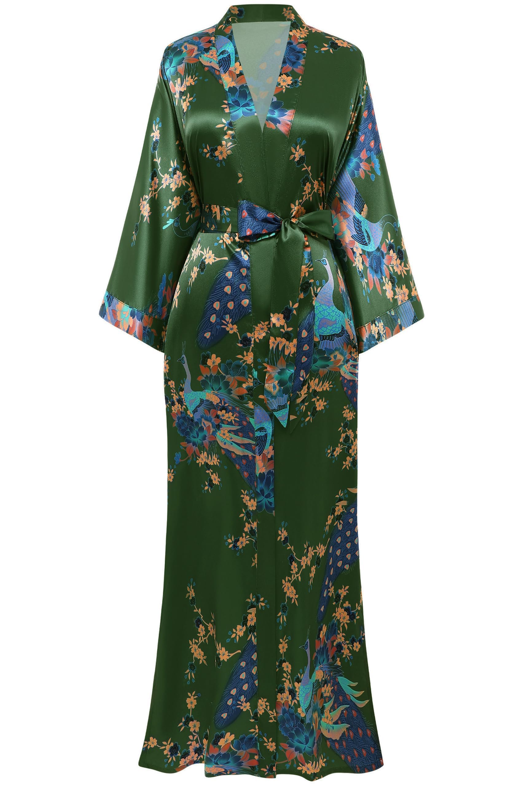 ArtiDeco Vestido Kimono Pijama de Seda Novia Kimono de Seda Ropa de Dormir de Satén Estampado Pavo Real