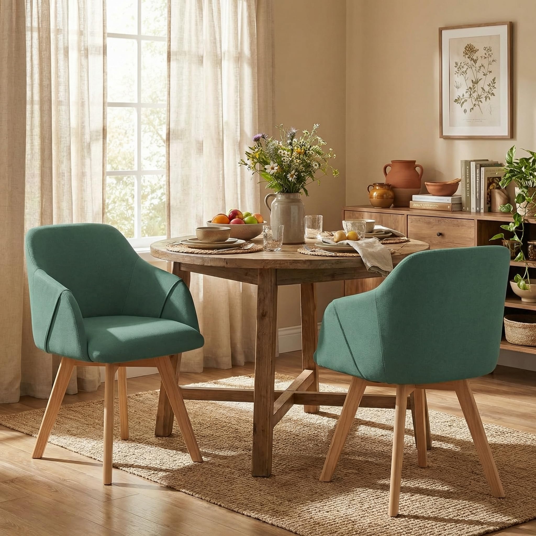 Bekrvio Juego de 2 sillas de Comedor giratorias 360°, Silla tapizada con reposabrazos, tapizada en Tela, Patas de Madera, diseño de Century, cómodas sillas de Cocina para Comedor y salón