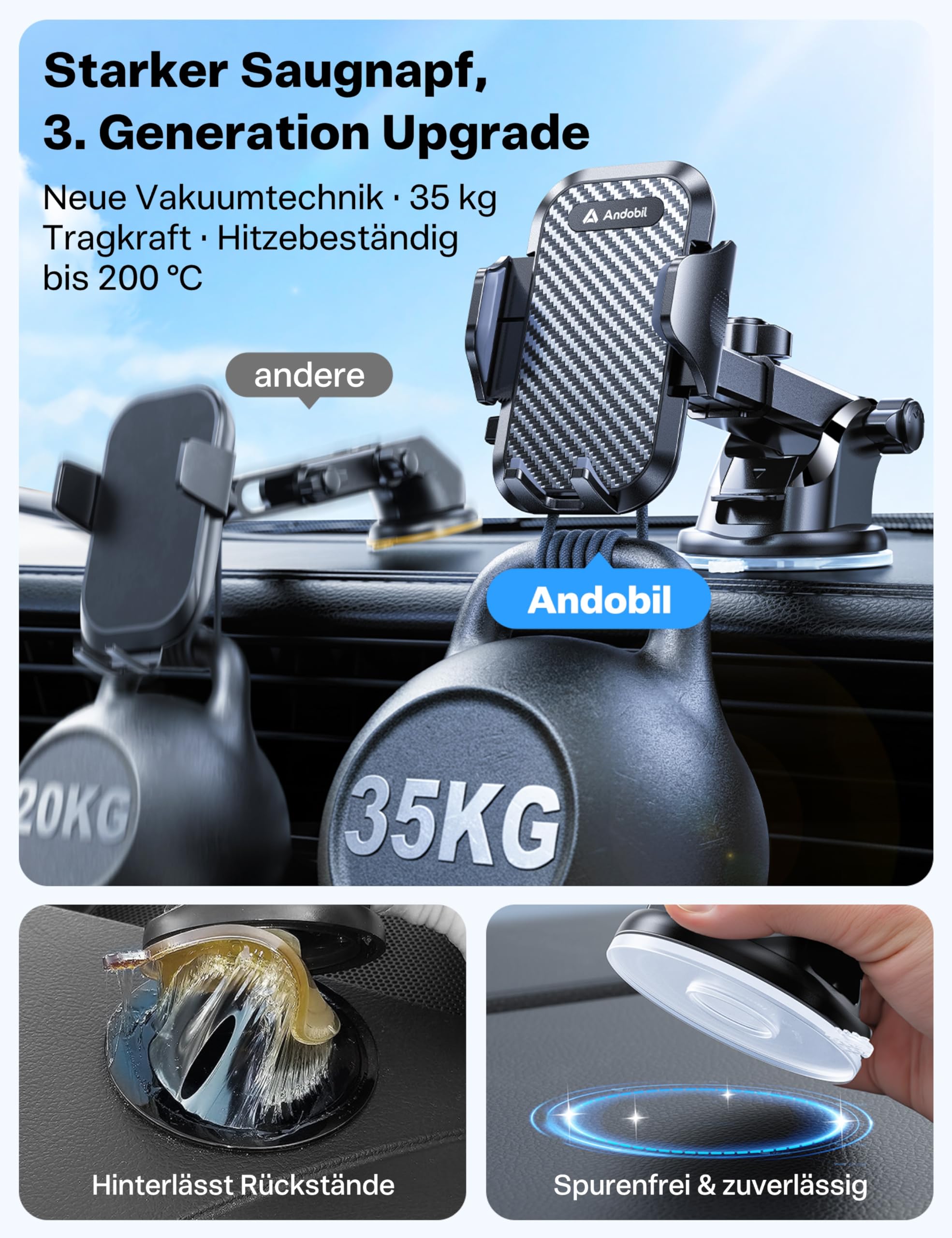 andobil Handyhalterung Auto [2026 Neueste Saugnapf] 3 in 1 Saugnapf & Lüftung Halter Universale KFZ Autohalterung Zubehör für iPhone 17 Pro Max Air 16/15/14/13/12 Samsung Galaxy S25 Ultra/S24/S23 Usw
