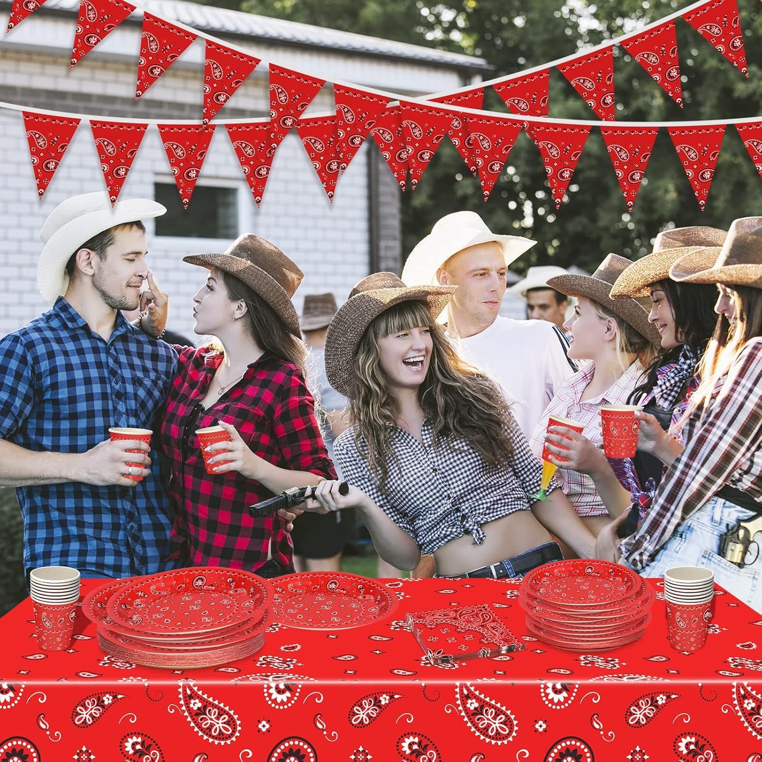 123 Pcs Western Cowboy Party Decorations for 30 Guests Wild West Birthday Disposable Tableware Set with Plates Cups Napkins Banner Tablecloth Cowboy Theme Supplies for BBQ Baby Showers(Red, Blue)