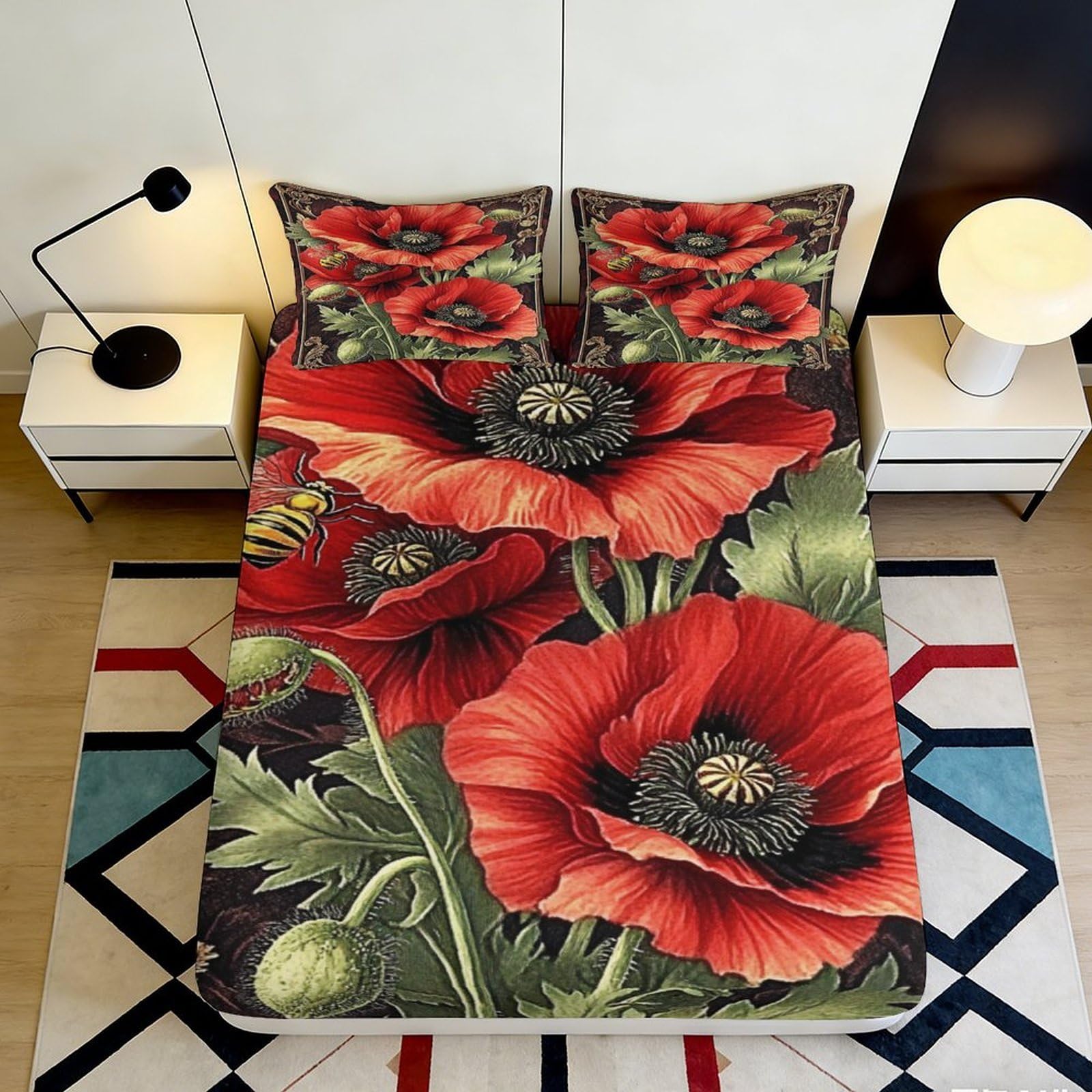 Decorative Red Poppy Fitted Sheet, 3D Printed, Soft Touch Microfiber Bed Cover for Bedroom, Anti-Slip, Wrinkle Resistant, Apartment Bedding, 118 chars 90x200x25cm